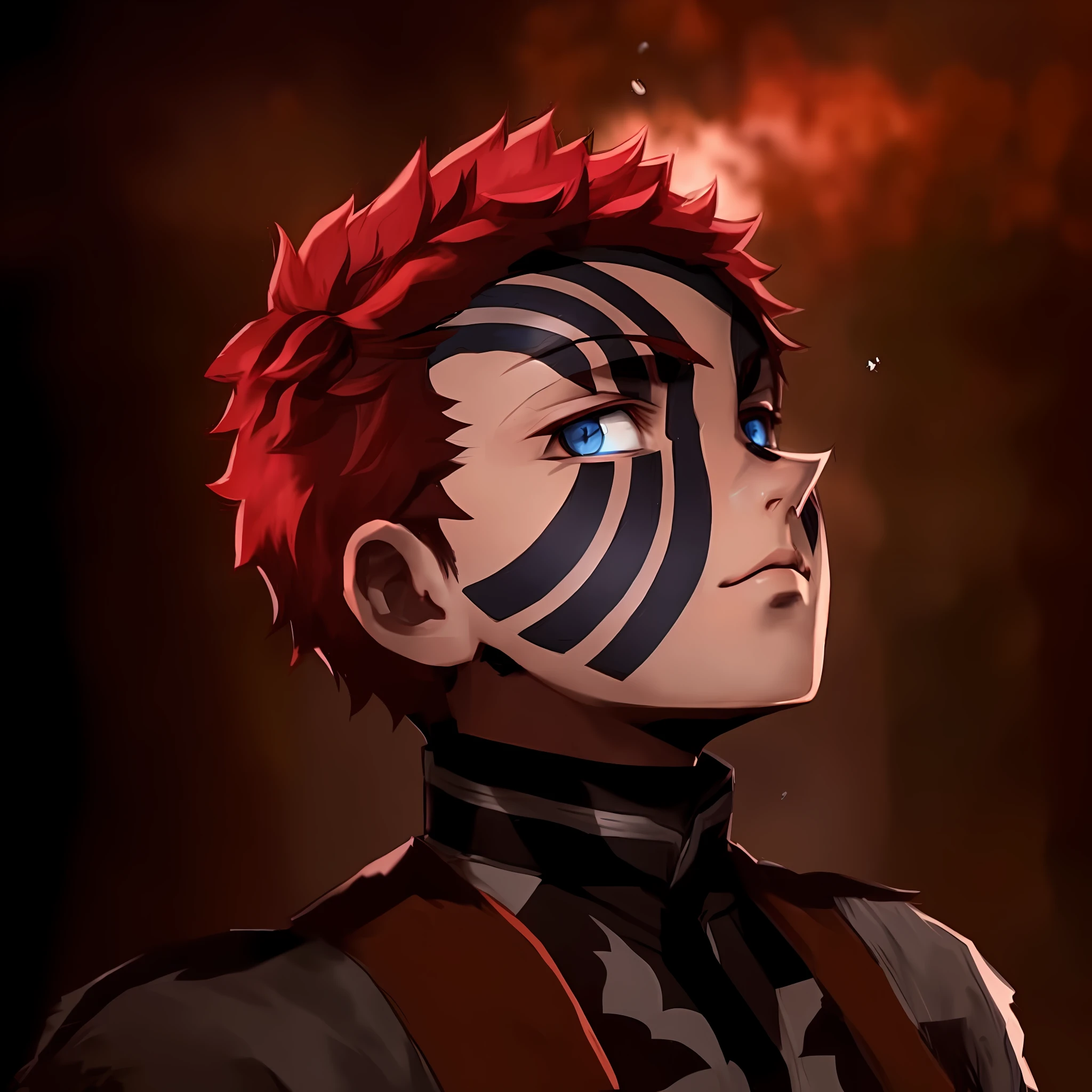 Akaza, demon slayer, kimetsu no yaiba, scenery snow falling, blue sparks on the shoulders and eyes, slightly bright blue eyes, boy gender