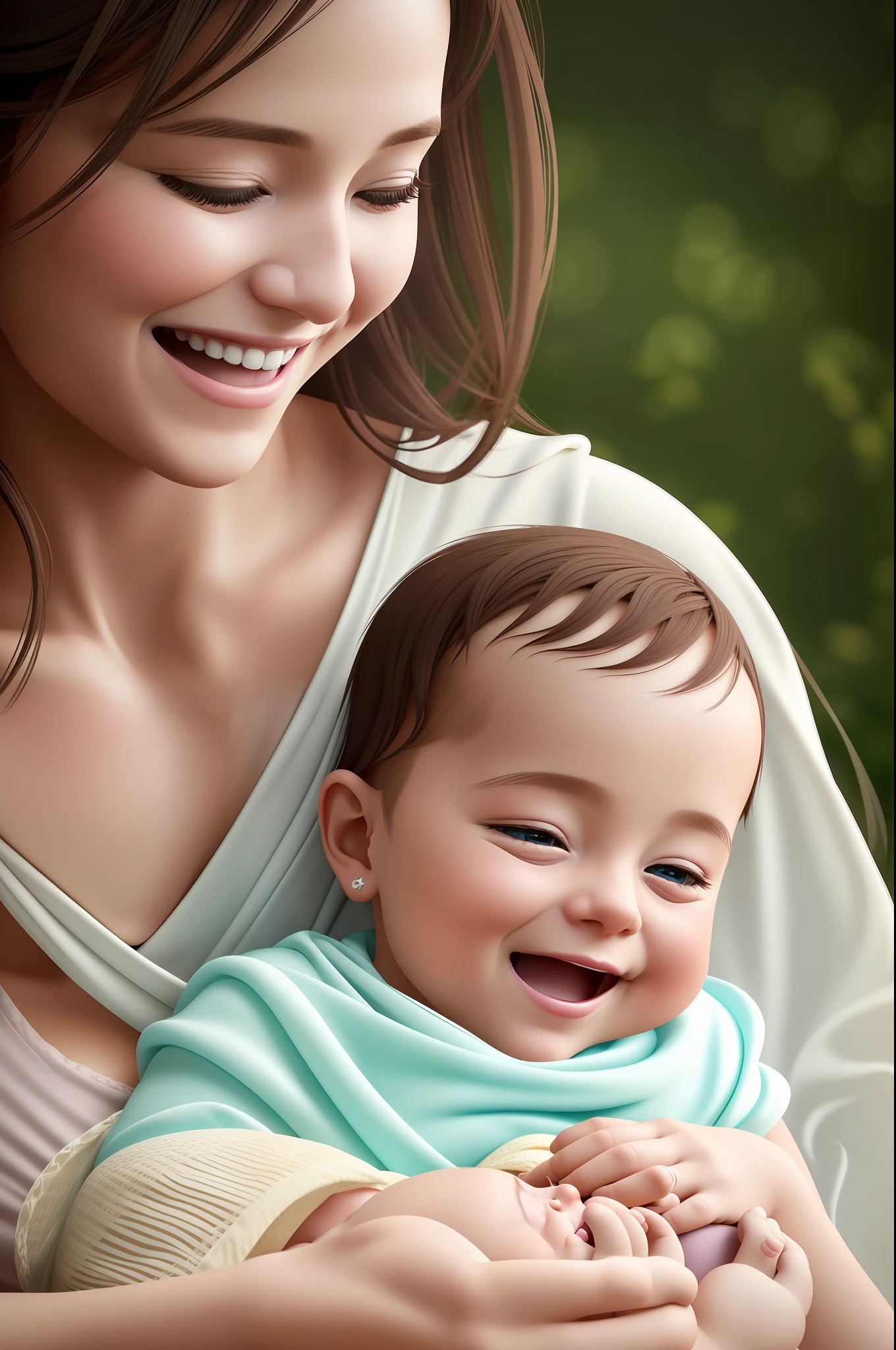 A happy mother plays with her adorable baby, enveloped in an aura of love and joy.  masterpiece of art, epic, very detailed, very high quality models, unreal engine, 8k, ISO 100 Photography, sigma 135mm. --auto --s2