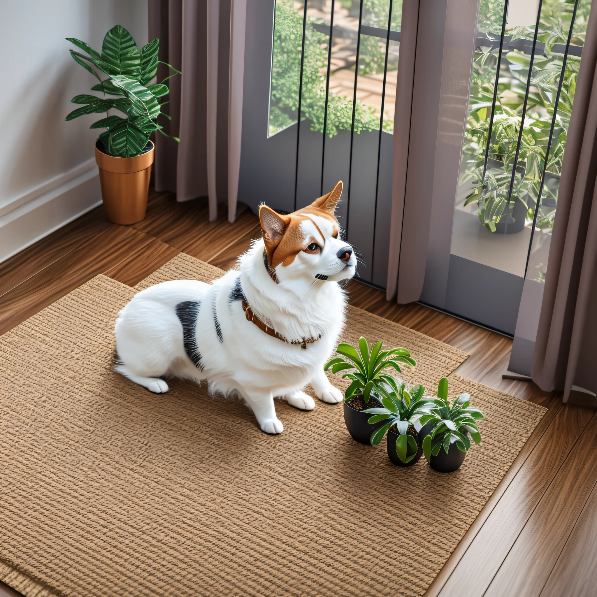 pet mat, pet sitting on pet mat, tilt view, 3d product rendering, home scene, plant decoration, natural light, realism, high quality, 8K, real
