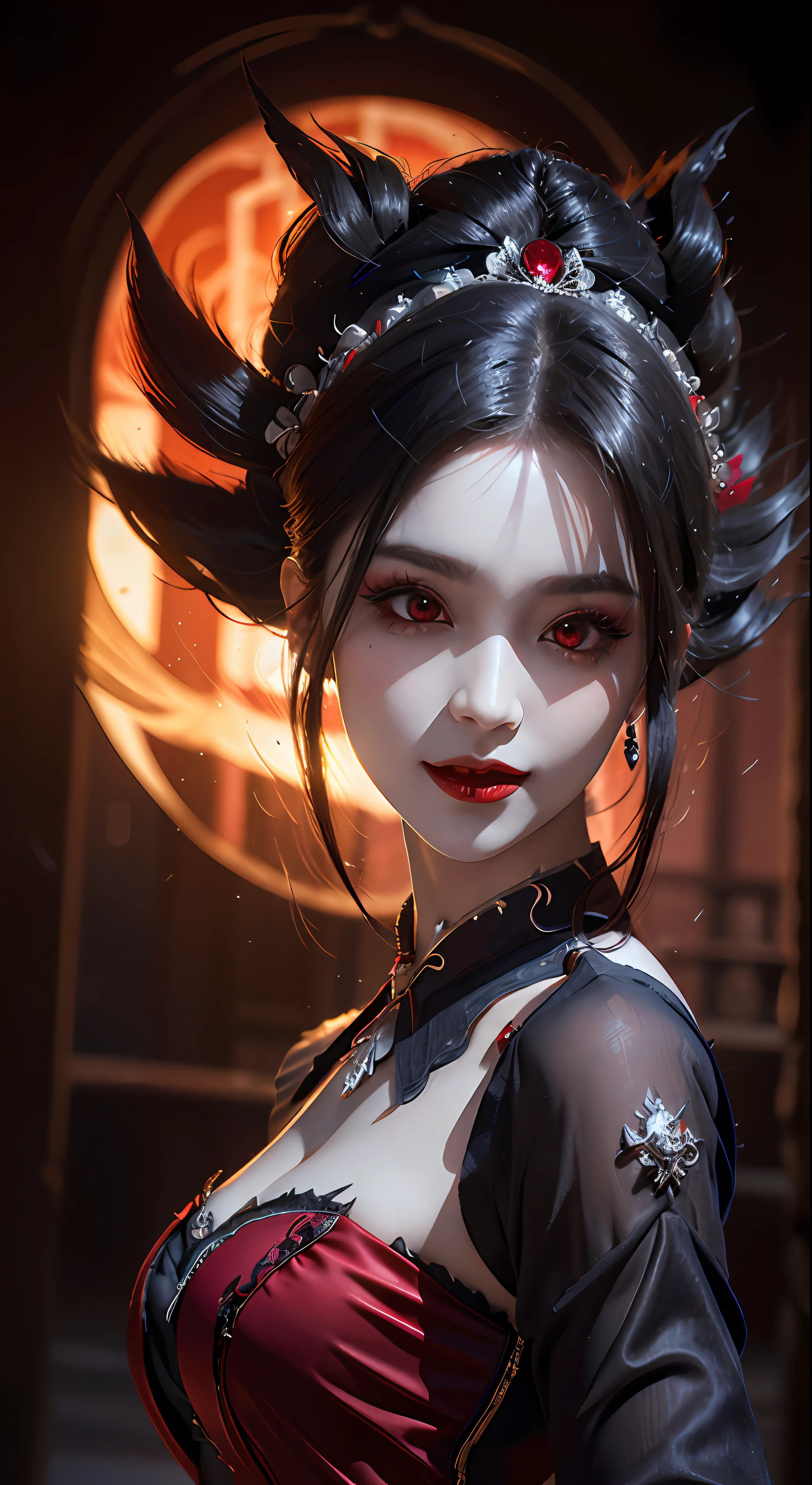 1 beautiful devil woman from hell, In the Dark: 1.6), surreal female portrait by David Hockney and Alphonse Mucha, fantasy art, korea doll, photorealism, dynamic lighting, artstation, poster, volumetric lighting, very detailed faces, 8k ultra, Awarded, in the dark, deep shadow, low key, cowboy lens, (Red phoenix dress: 1.4), long hair, black hair, bust, luxurious palace, Royal style, devil crown, red eyes make up very sharp and detailed, The most beautiful face, The breasts are very big and round and round, Super realistic, chinese women's clothing, polo neck sweater, Charming smile, The eyes are very well made up, guweiz, devil style, wearing black mesh socks, Ponytail with a bow tied at the back of the hair, Red black lips, Devil tattoo on shoulder, wearing a thin red and black robe, the landscape is overcast and thunderous, (Portrait), Close-up of the main character, (Background details 1.8),