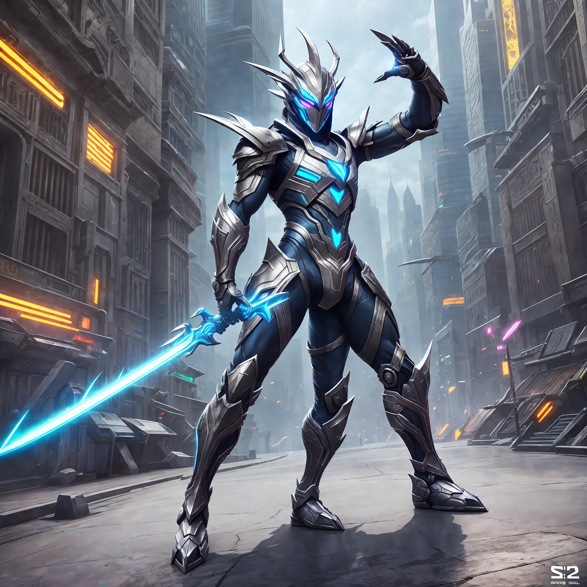 A futuristic dragon, metallic armor, details, neon, full body, dynamic pose, warrior, lightning bolt sword in hand --auto --s2