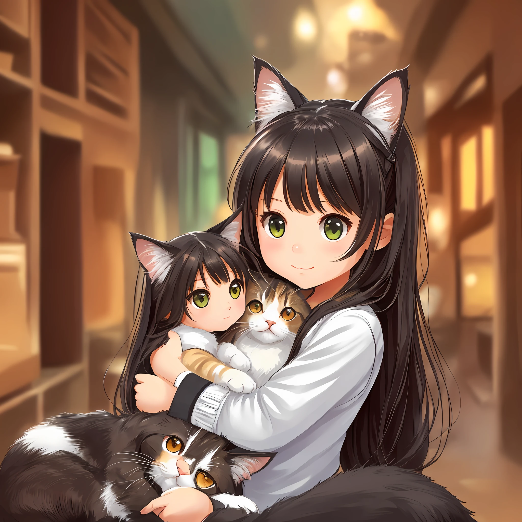 Cute little girl with two cats in her arms, one with long black hair, one with a round face tabby, big eyes, warm and lovely. (Image quality tag and art style tag optimization are omitted, because it is impossible to understand the specific picture requirements according to the text) --auto --s2