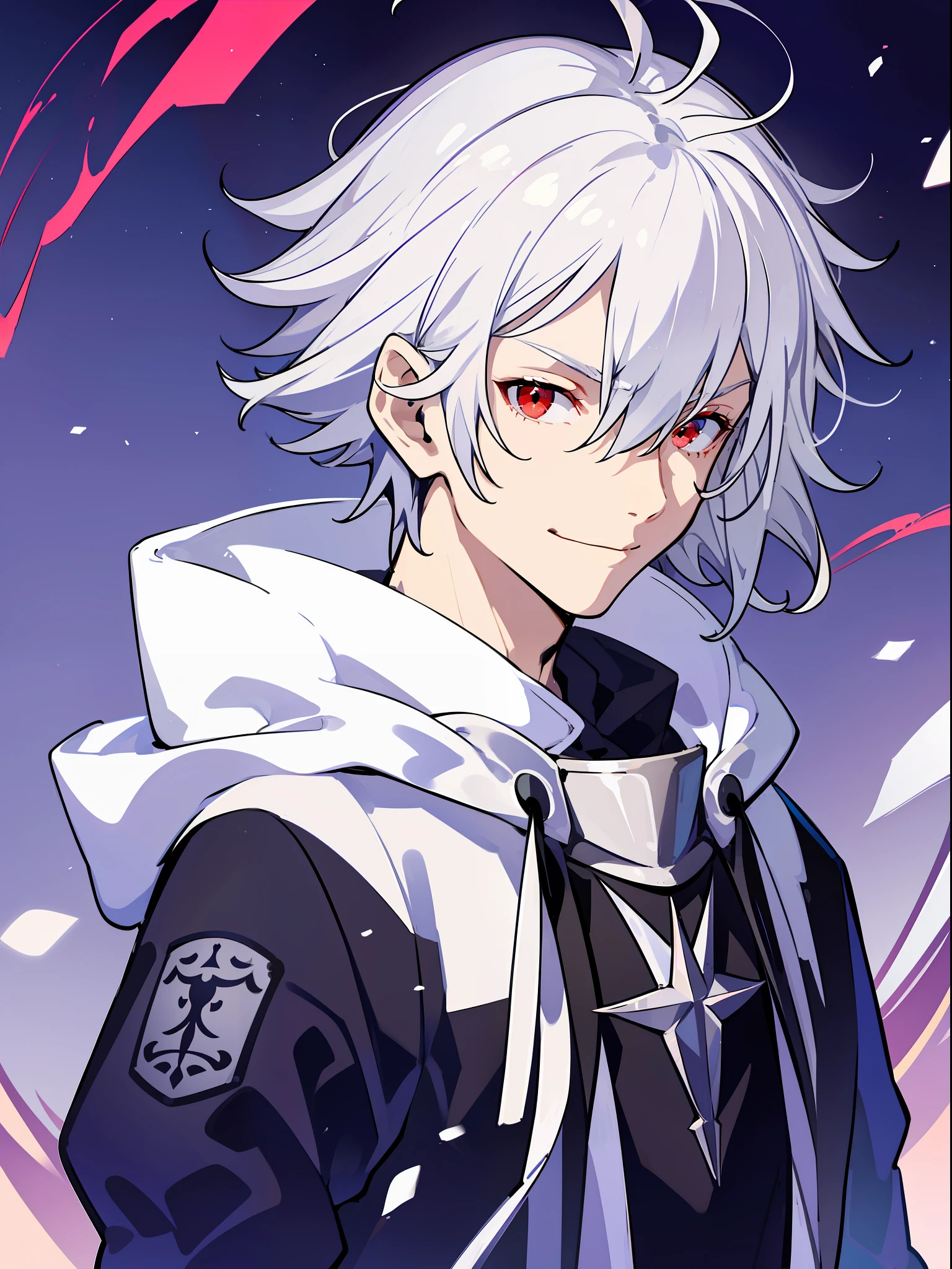 solo, ((male with short silver hair wearing hoodie)), (bangs), (red eyes), (pale skin), (smirk), ((high quality)), (extremely detailed), fate stay night, inspired by takeuchi takahasi