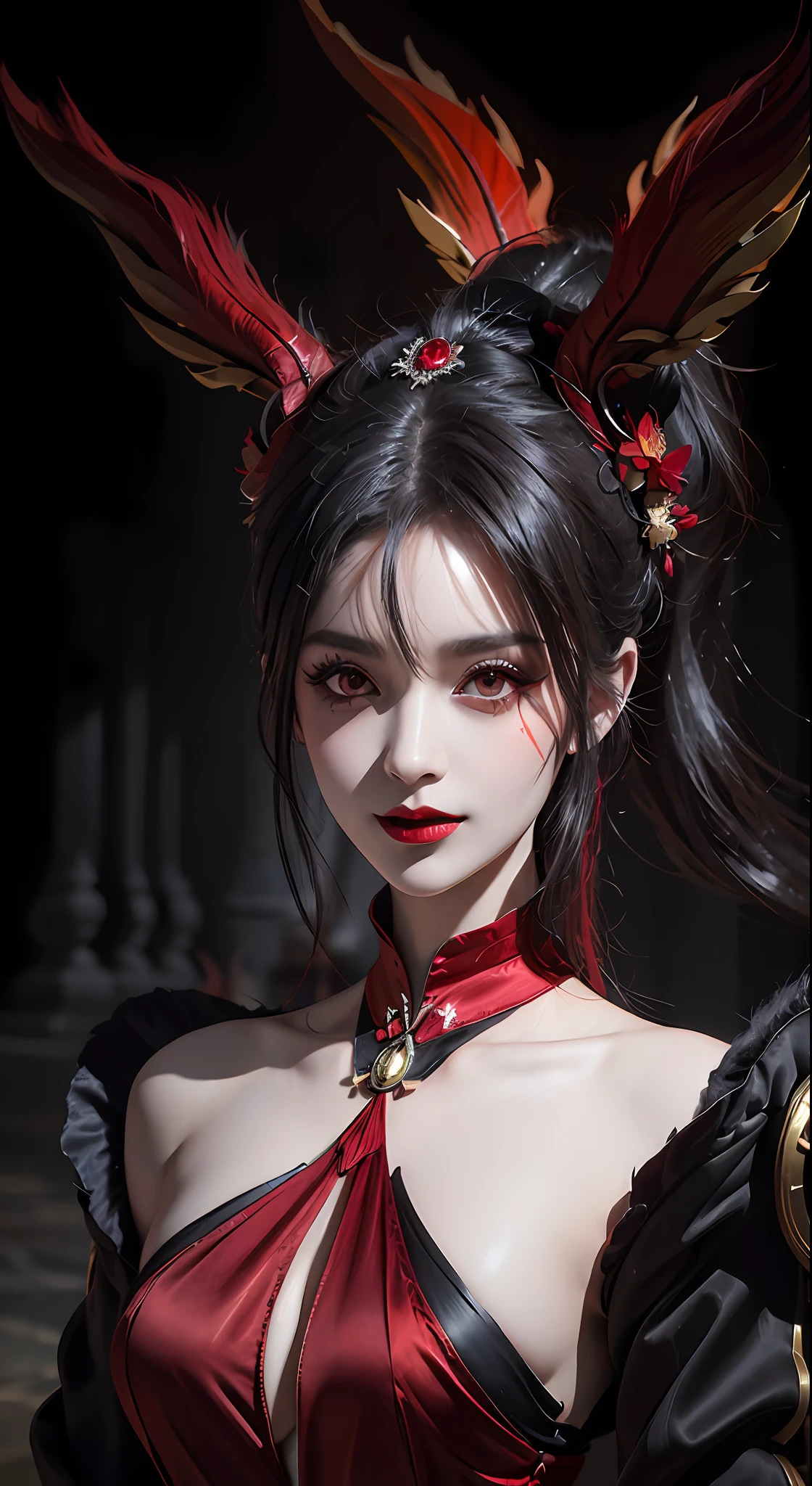 1 beautiful devil woman from hell, In the Dark: 1.6), surreal female portrait by David Hockney and Alphonse Mucha, fantasy art, korea doll, photorealism, dynamic lighting, artstation, poster, volumetric lighting, very detailed faces, 8k ultra, Awarded, in the dark, deep shadow, low key, cowboy lens, (Red phoenix dress: 1.4), long hair, black hair, bust, luxurious palace, Royal style, devil crown, red eyes make up very sharp and detailed, The most beautiful face, The breasts are very big and round and round, Super realistic, chinese women's clothing, polo neck sweater, Charming smile, The eyes are very well made up, guweiz, devil style, wearing black mesh socks, Ponytail with a bow tied at the back of the hair, Red black lips, Devil tattoo on shoulder, wearing a thin red and black robe, the landscape is overcast and thunderous, (Portrait), Close-up of the main character, (Background details 1.8),