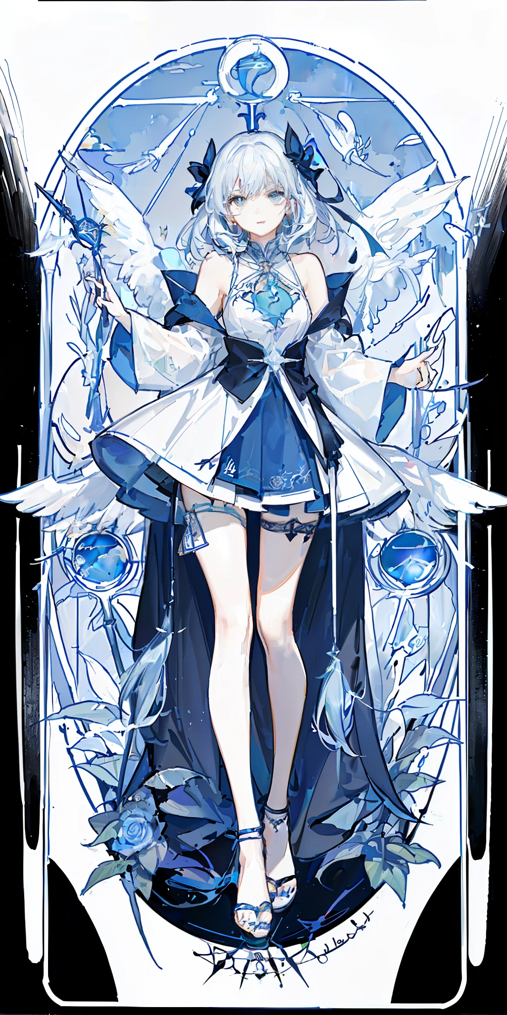 (Golden Ratio: 1.2),(Rose Graffiti:1.2),(Fault Color:1.3),[(Black:1.4)::10],(Full-body: 1.2),(Ultra Detail: 1.3),(Tarot:1.6),(Tarot:1.6)(Magician (Tarot): 1.6)(Paper: 1.2)(Angels: 1.6),(Angel Wings: 1.2), Full body, standing in the air, (Cool: 1.2), (Golden Long Hair),(Ribbon Tie),( Floral Hair Ornaments: 1.0),((Sandals,Rocket)),(Black Gothic Long Dress: 1.0)+ (Loose Sleeve Coat: 1.3)+(Floating Colorful Tassels: 1.2),(Black Stockings: 1.2),(Starry Sky: 1.2),(Full Moon: 1.3),(Chaotic geometric image: 1.3),(Negative space: 0.8),(Drawing board :1.3), (Ether Colorful Ink Flow:1.3)