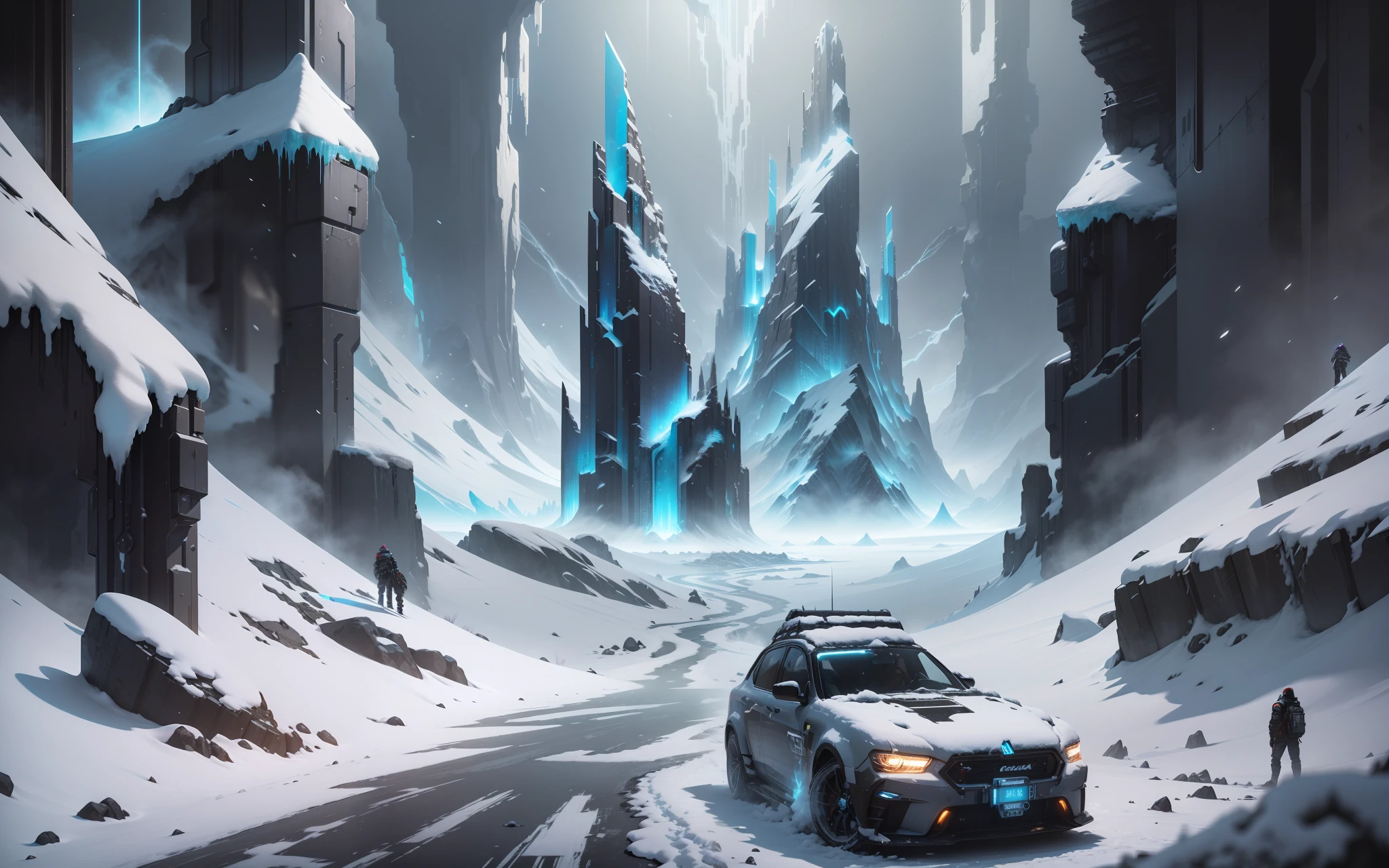 Cyberpunk, mechanical, broken, there is a picture of a very large iceberg, cyberpunk, mechanical, broken, with a lot of snow, dungeon background, icicle background, arena background, game background, dark dark cave background,