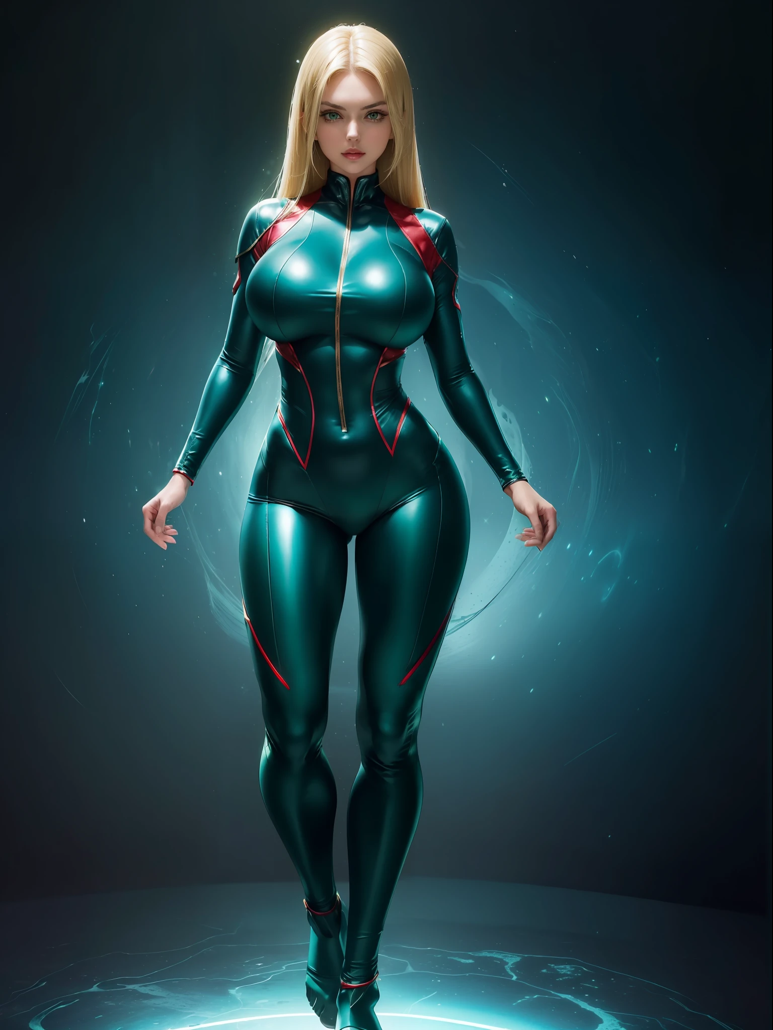 (Full body image/standing/feet on the ground/front:1.5), (1Laura/Woman:1.4) (she has large breasts:1.5), is wearing silver suit with red/Ultraman/blue jewel parts in the center of the breastplate. She is inside an alien spaceship with various machinery. She has (short/straight hair/blonde color:1.3), (green eyes:1.3), looking at viewer, evil smile, (exhibitionist pose:1.0), (costume/extremely tight on body:1.5), Anime style, Mortal Kombat, 16k, highres, UHD, masterpiece, anatomically correct