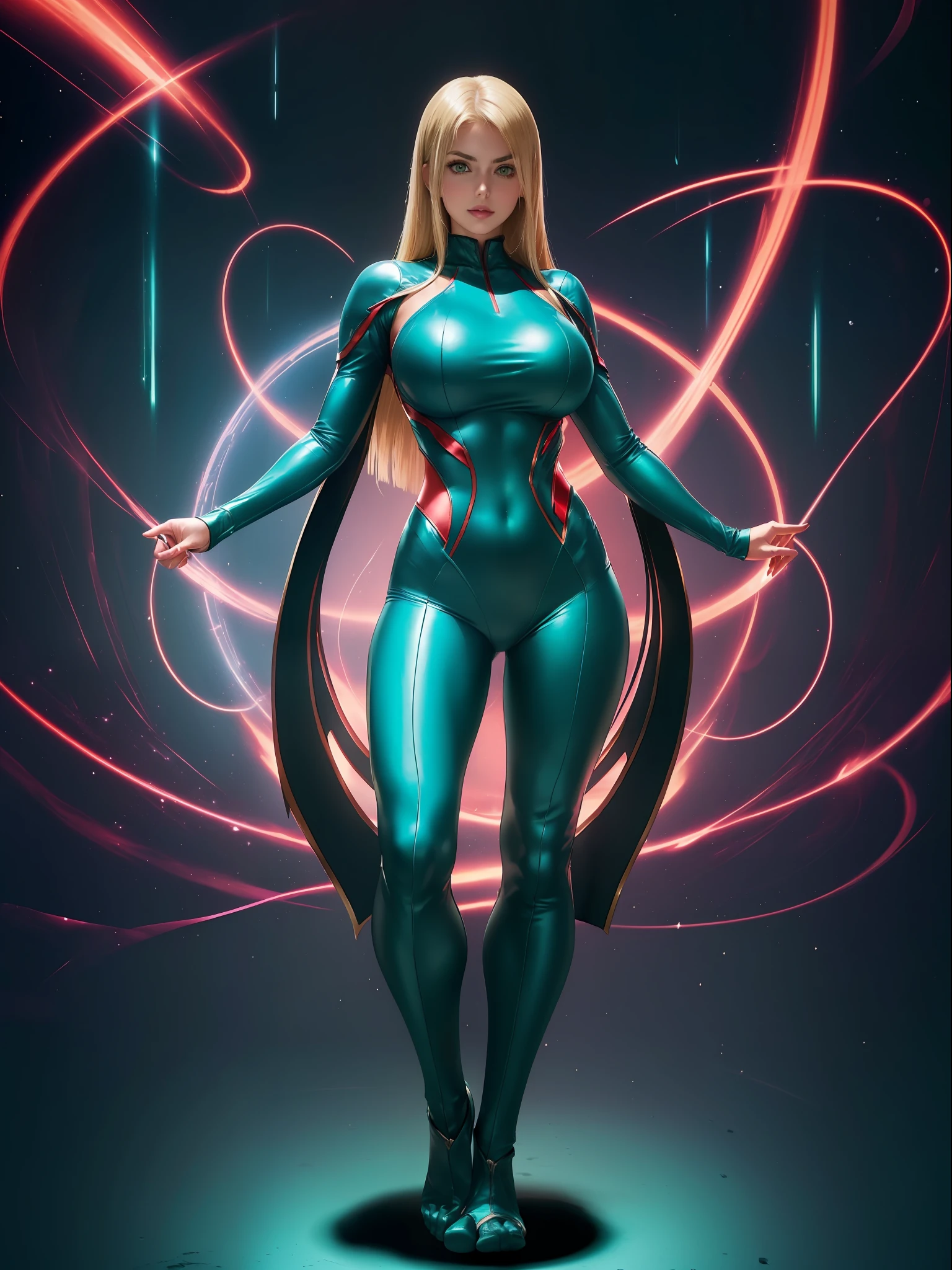 (Full body image/standing/feet on the ground/front:1.5), (1Laura/Woman:1.4) (she has large breasts:1.5), is wearing silver suit with red/Ultraman/blue jewel parts in the center of the breastplate. She is inside an alien spaceship with various machinery. She has (short/straight hair/blonde color:1.3), (green eyes:1.3), looking at viewer, evil smile, (exhibitionist pose:1.0), (costume/extremely tight on body:1.5), Anime style, Mortal Kombat, 16k, highres, UHD, masterpiece, anatomically correct