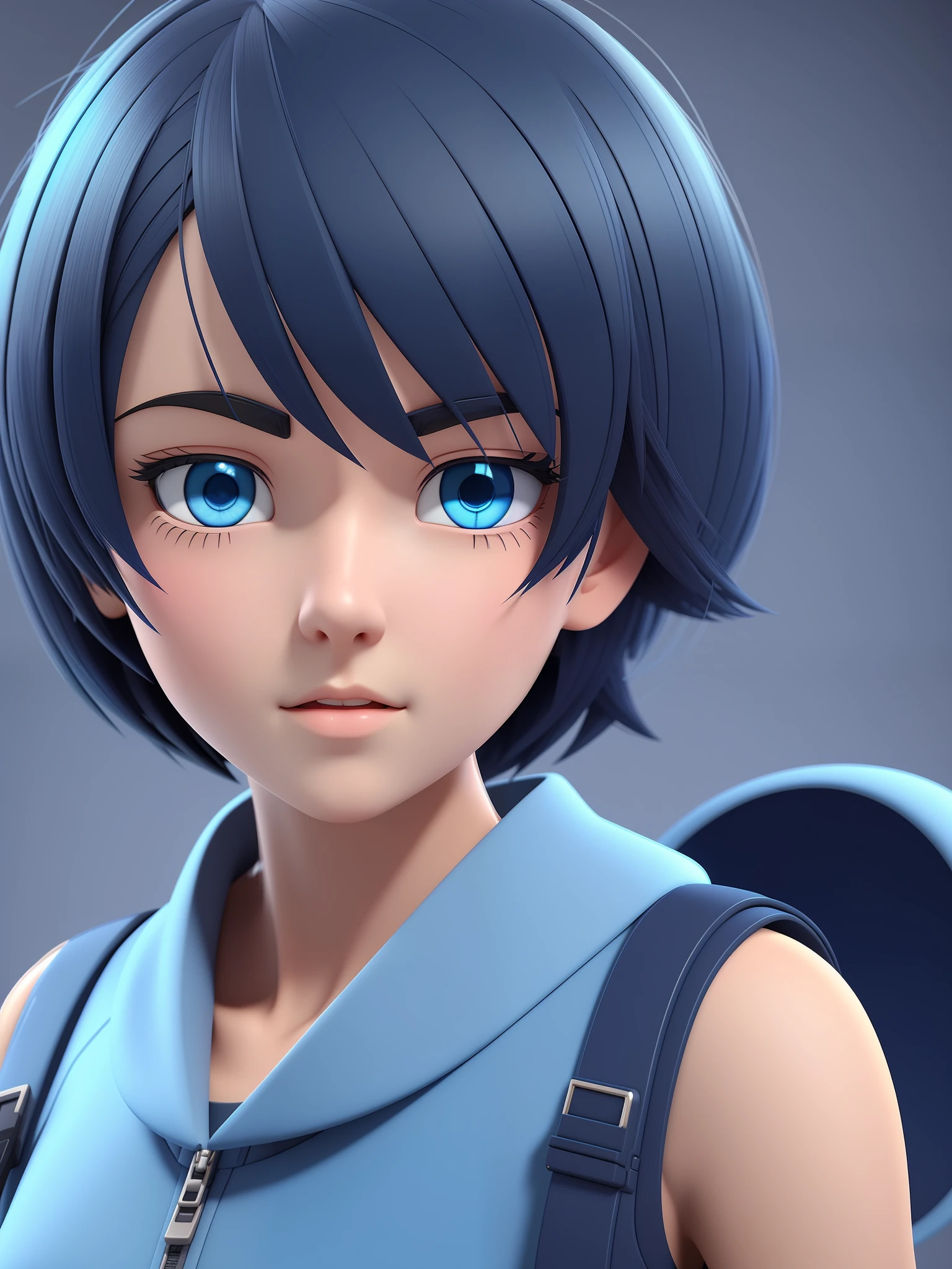 Young girl, a cartoon character light dark blue clothing, (short hair and dark blue), stylized character, animation character, stylized 3d render, 3d character, highly detailed character, stylized anime, stylized 3d, render character, character model, close up, maximum quality