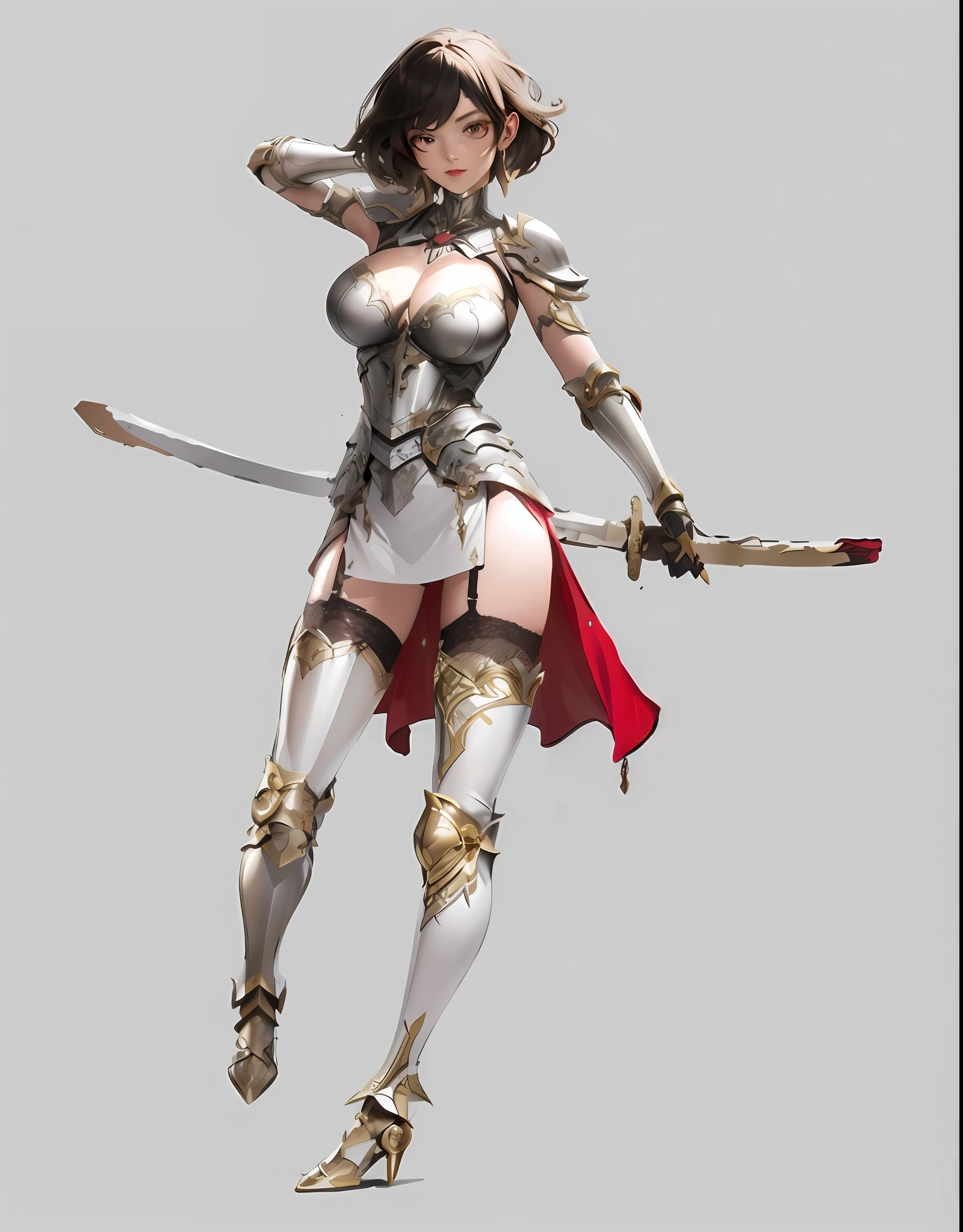 A GIRL, Wearing silver armor, It has an intricate gold pattern on it, Red back swing, Hold the silver katana in your hand, nice face, medium long hair, Drift away, light brown hair, high detail, Bauhaus, reference sheet, first-person view, UHD, ccurate, highres