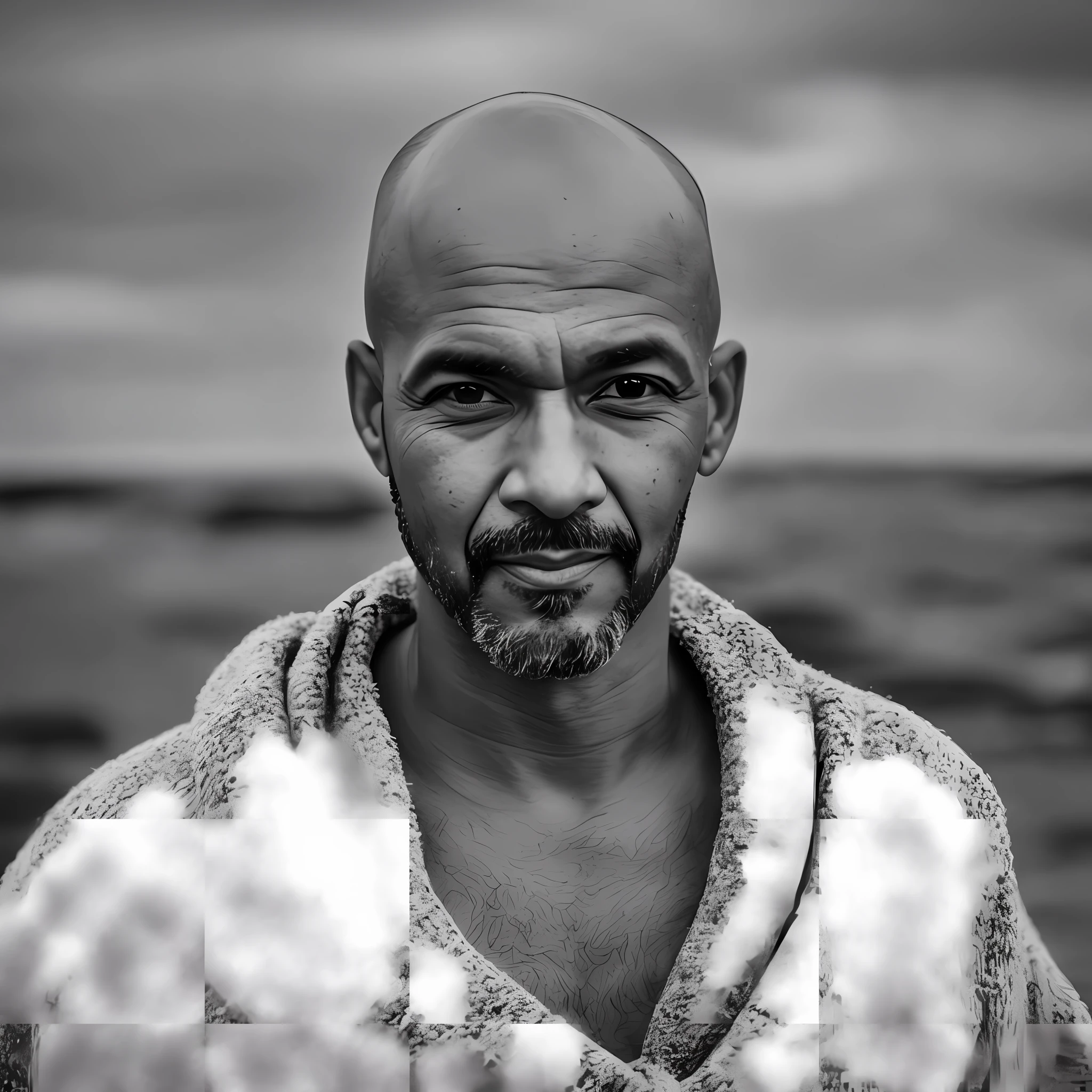 Black and white photo of 42 years old man in black, bald, face, half body, body, high detail skin, skin pores, coastline, cloudy sky, wind, waves, 8k uhd, dslr camera, soft light, high quality, film grain, fujifilm XT3