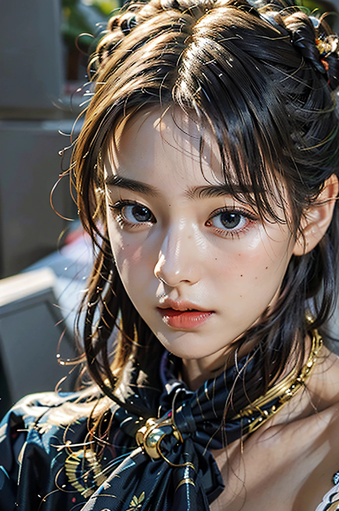 ultra hd, retina, masterpiece, anatomically correct, textured skin, super detail, high detail, high quality, high quality, award-winning, (realistic: 1.7), (best quality), (super high resolution), (realistic: 1.6), realistic, (surreal: 1.2), (realistic face: 1.2), (8k), (4k), (masterpiece), (realistic skin texture), a girl, daytime, skirt, high heels, multicolored hair