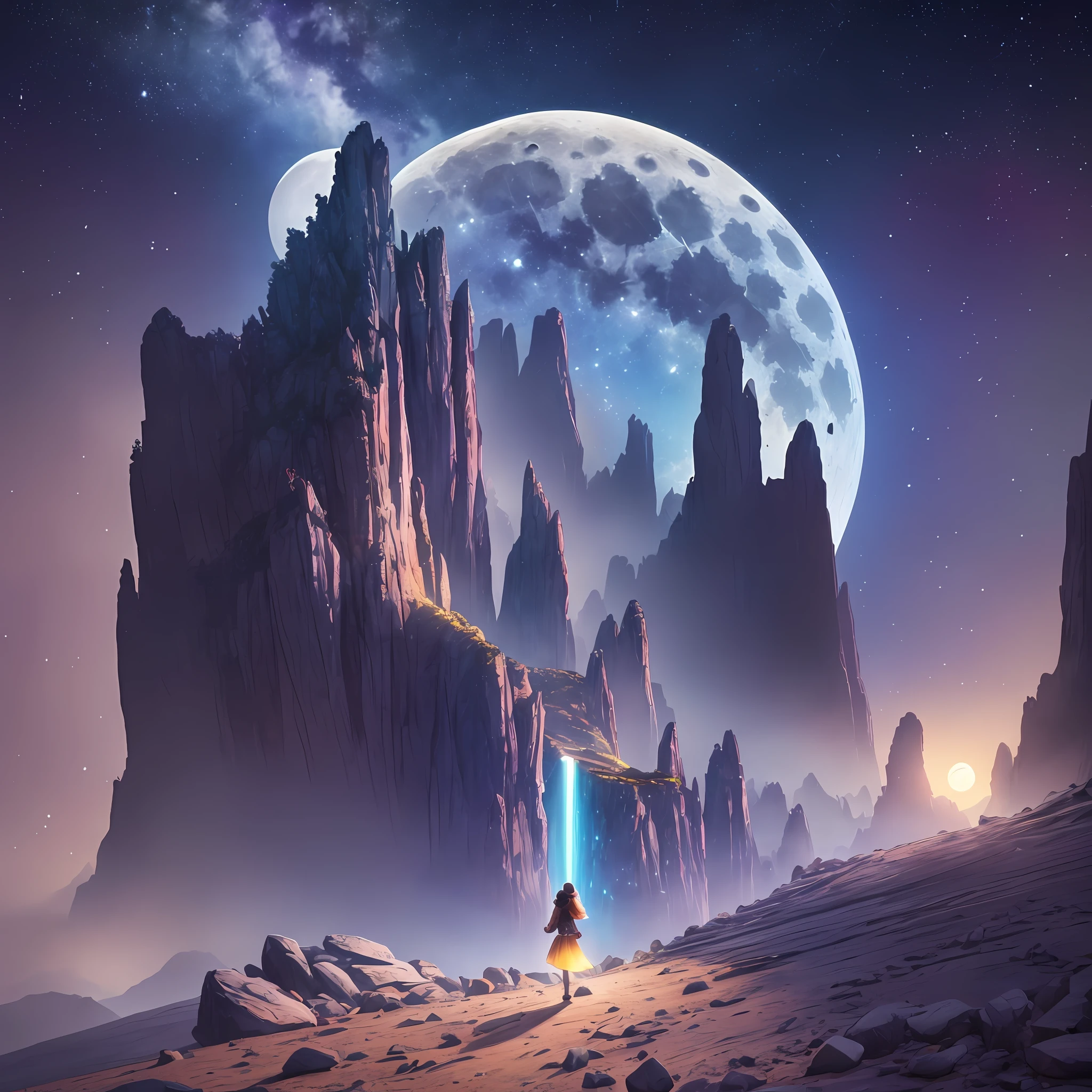 a woman, in a rocky valley, looking up, (full moon: 1.2), (shooting stars: 0.9), (nebula: 1.3), distant mountain, broken tree, production art, (hot light source: 1.2), (Firefly: 1.2), complex details, volumetric lighting, (masterpiece: 1.2), (best quality), 4k, ultra-detailed, (dynamic composition: 1.4), highly detailed color details (iridescent colors: 1.2), (bright lighting, atmospheric lighting), dreamer,  magical, (solo: 1.2) --auto --s2