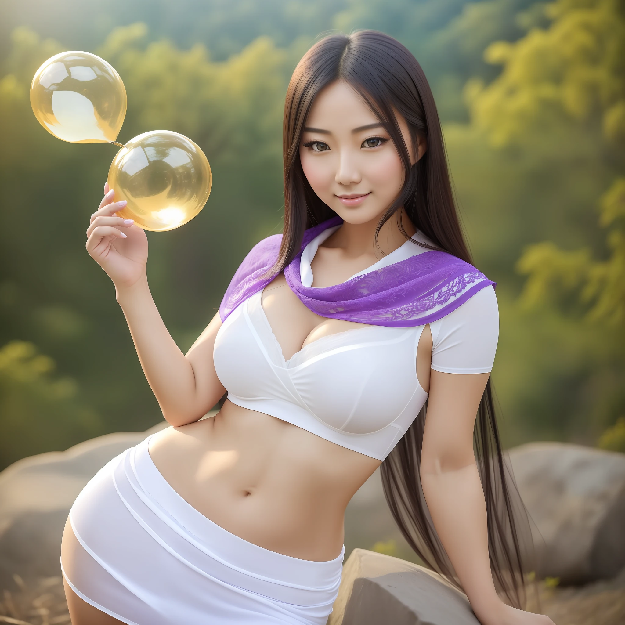 A beautiful Asian Chinese professional woman, (masterpiece: 1.4), (8k, realistic, RAW photo, best quality: 1.4), (1 girl), beautiful face, face close-up, charming goose egg face, (realistic face: 1.4), (detailed face: 1.4), exquisite and perfect facial features, wearing accessories, smile,
(black smooth hair: 1.3), collarbone, light makeup,
Charming big eyes, (double eyelids: 1.3), hooked eyes, looking at the camera,
(32G transparent cup: 1.4), (realistic skin: 1.3), smooth skin, super high resolution, super realistic, (golden ratio: 1.4),
Soft curved shape, highest precision, slightly chubby body, precise and perfect body structure, sexy body, (hips: 1.3), realistic, (wearing purple short sleeves, white bra, shawl transparent scarf, jeans shorts: 1.4),
On the hillside, (full body photo), --auto --s2