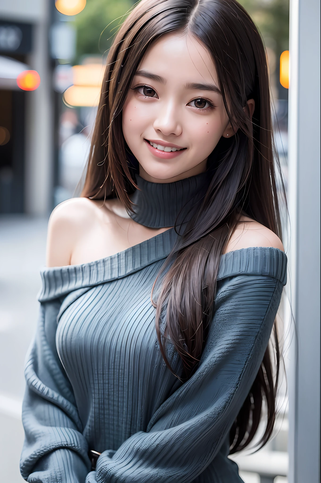(8k, RAW photos,Best quality, High Resolution:1.1), (Hyper-realistic:1.4),(Realistic, Photorealistic:1.3), Soft light,Realistic face,Realistic body,Realistic skin,Absurdity,Masterpiece,(Cute:1.8),(Long hair,Half Up),(Big:1.2),Detailed black eyes,Innocent eyes,drooping eyes,(Smiling eyes:0.6),(grinning :1.2),teardrop,open lips,grin,blusher,good style,off-the-shoulder sweater,black skinny jeans,cinema lights,film grain,closeup,look viewer,full body,depth of field,blurred background,eye focus,young,85mm lens, f/1.4,professional lighting,portrait,photon mapping,radiosity, physical rendering, transparency, Japan girl, day, sunny, street corner, survey