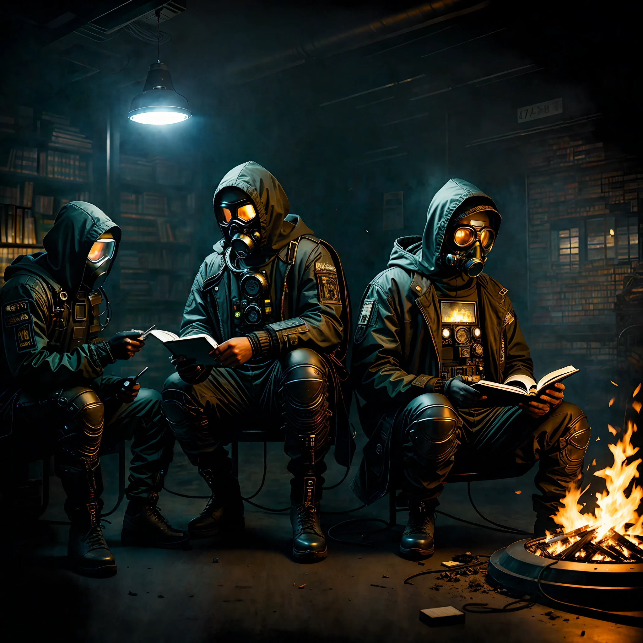 (best quality, masterpeace), full body photo, (hyperdetailed color), ((detailed cyberpunk man, wearing gas mask and hood) man reading a book in a burning library, books in the background and on the floor, hdr, dramatic, cinematic lighting, trend in artstation, trend in CGSociety, majestic professional oil painting by greg rutkowski, immense detail, edge lighting,  two-tone illumination, dim light, low key,
