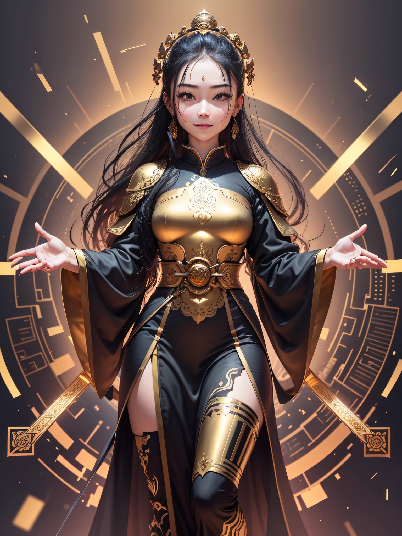 Void Bodhisattva, (Gold: 1.2), smooth upper body, long-sleeved cassock, ray tracing, (Metal texture: 1.1), colorful clouds on the background, (Best quality: 1.0), (Ultra High Resolution: 1.0), 8k, (Masterpiece: 0.2), , Innocent, Innocent, No Exposure, Black Hair, Neatness, Guide, Face Facing Front, Beauty, Disturbing Emotions, Monk-style Beauty, 20-year-old Beauty, 16K, Face Frontal, ID Photo, ID photo, interview, ID photo, cute, face is frontal, smile, face seen from the front, no skin exposed, full body visible,