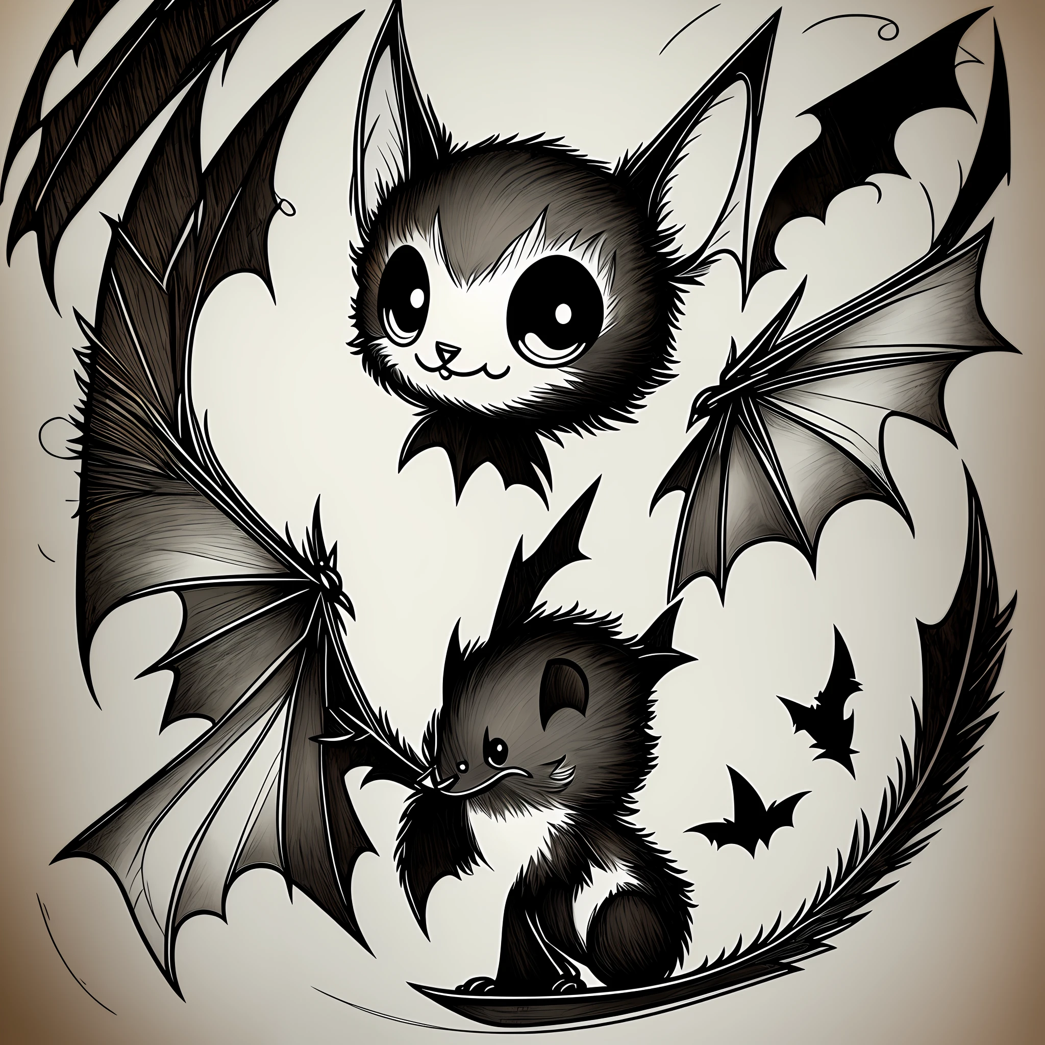 Bat, line drawing, stick figure, cute, cartoon, Q version, large head, wings spread, used as an avatar, no light and shadow, line thickness change, centered, frontal shot --auto --s2