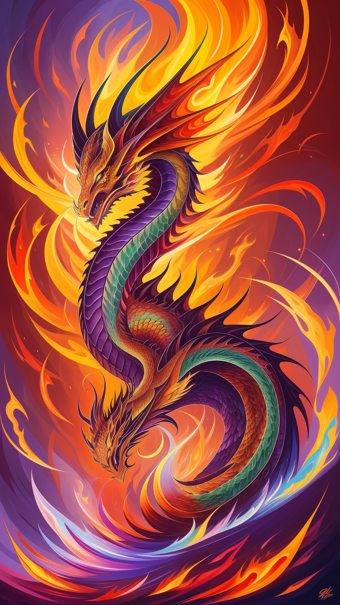 a painting of a dragon with fire tail and colorful fire, beautiful digital illustration, stunning digital illustration, gorgeous digital art, a beautiful artwork illustration, beautiful digital artwork, beautiful digital art, exquisite digital illustration, intricate digital painting, very beautiful digital art, vibrant digital painting, beautiful gorgeous digital art, psychedelic flowing hair, colorful digital painting, inspiring digital art, stylized digital art