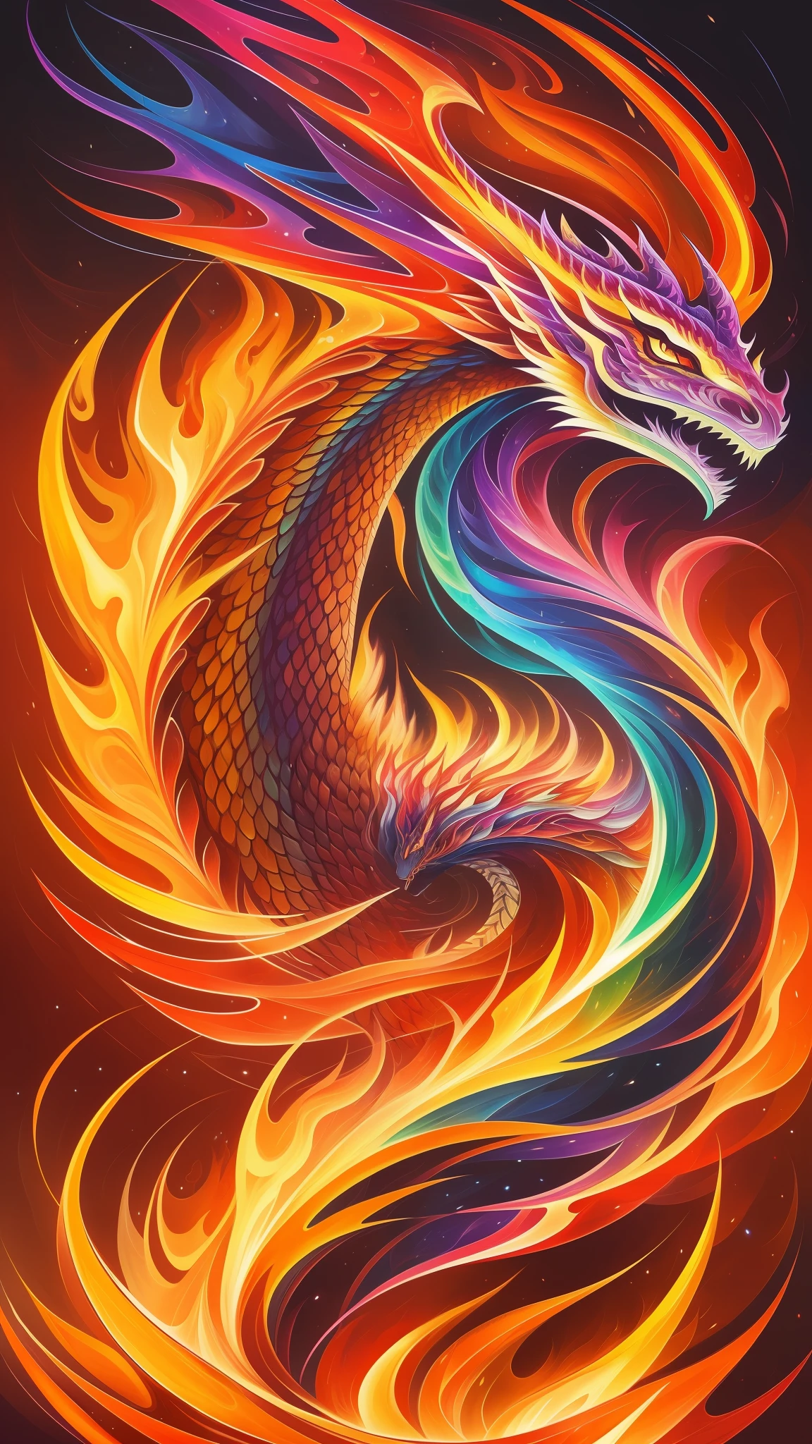 a painting of a dragon with fire tail and colorful fire, beautiful digital illustration, stunning digital illustration, gorgeous digital art, a beautiful artwork illustration, beautiful digital artwork, beautiful digital art, exquisite digital illustration, intricate digital painting, very beautiful digital art, vibrant digital painting, beautiful gorgeous digital art, psychedelic flowing hair, colorful digital painting, inspiring digital art, stylized digital art