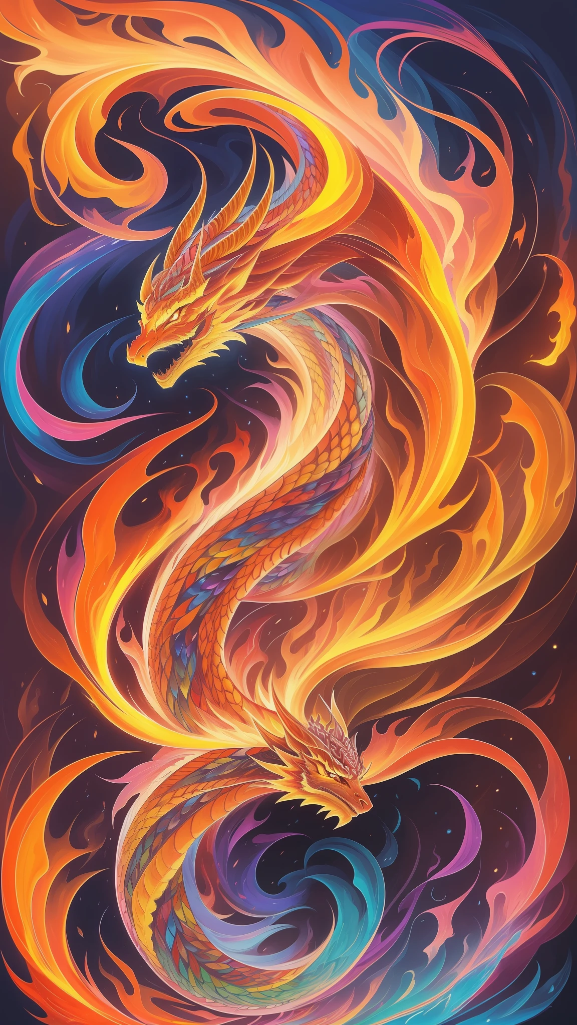 a painting of a dragon with fire tail and colorful fire, beautiful digital illustration, stunning digital illustration, gorgeous digital art, a beautiful artwork illustration, beautiful digital artwork, beautiful digital art, exquisite digital illustration, intricate digital painting, very beautiful digital art, vibrant digital painting, beautiful gorgeous digital art, psychedelic flowing hair, colorful digital painting, inspiring digital art, stylized digital art