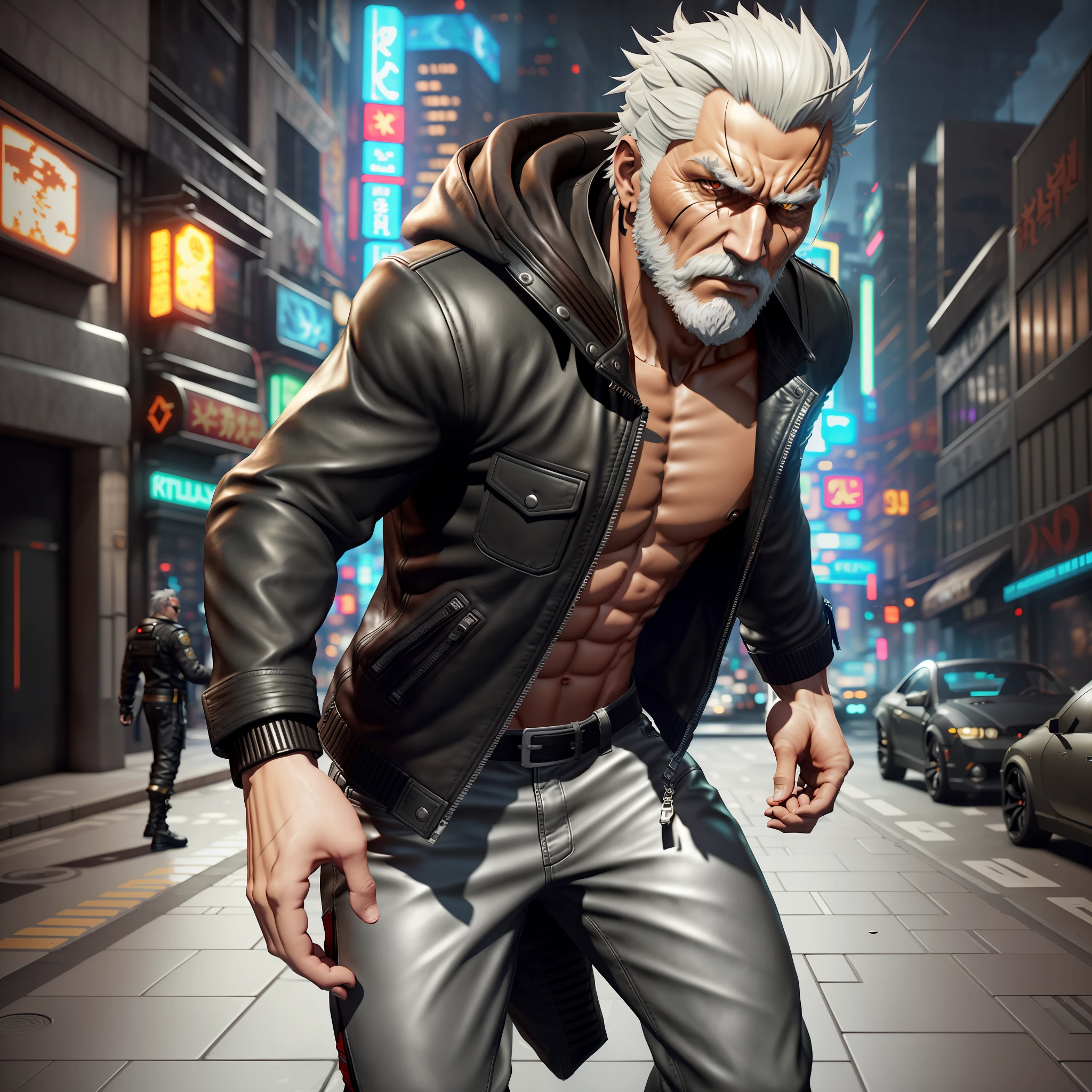 there is a man in a leather jacket and pants on a city street, 3 d render character art 8 k, cyberpunk old man, muscular! cyberpunk, muscular character, character from king of fighters, as a character in tekken, muscular male hero, stylized urban fantasy artwork, unreal engine character art, photorealistic artstyle, hero pose colorful city lighting