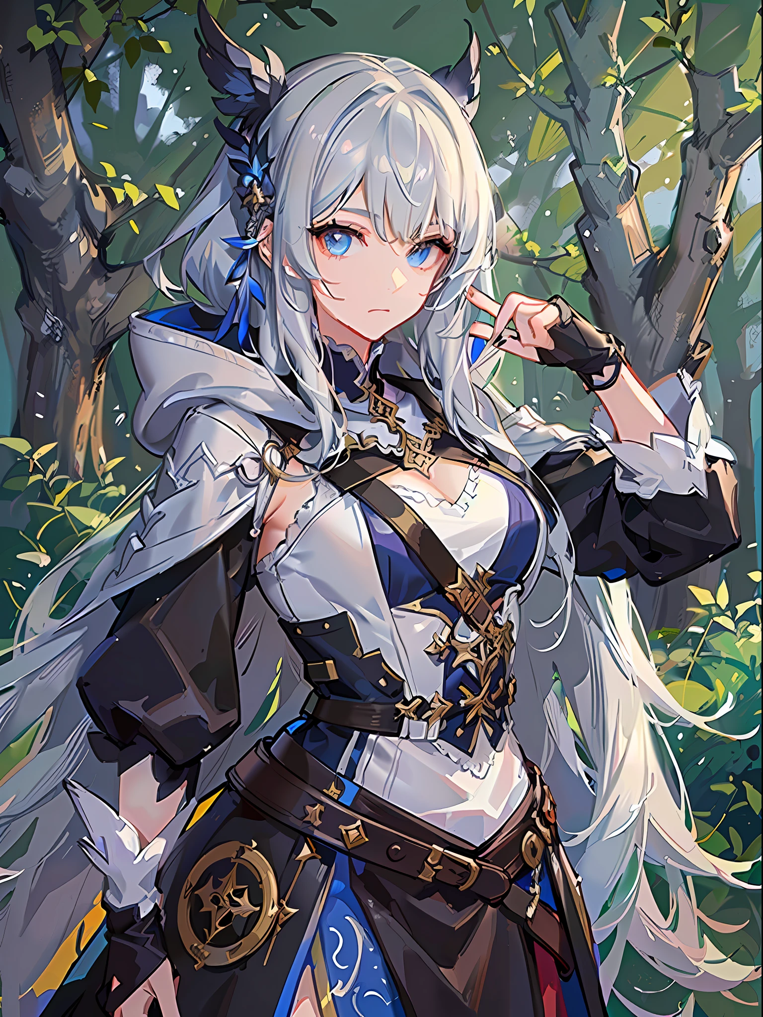 Niji style, Beautifull young lady, silver hair, hoody, wearing fantasy regal outfit, sword, standing on the forest, medium shot, looking at the camera, ((Best quality)), ((masterpiece)), (detailed:1.4)