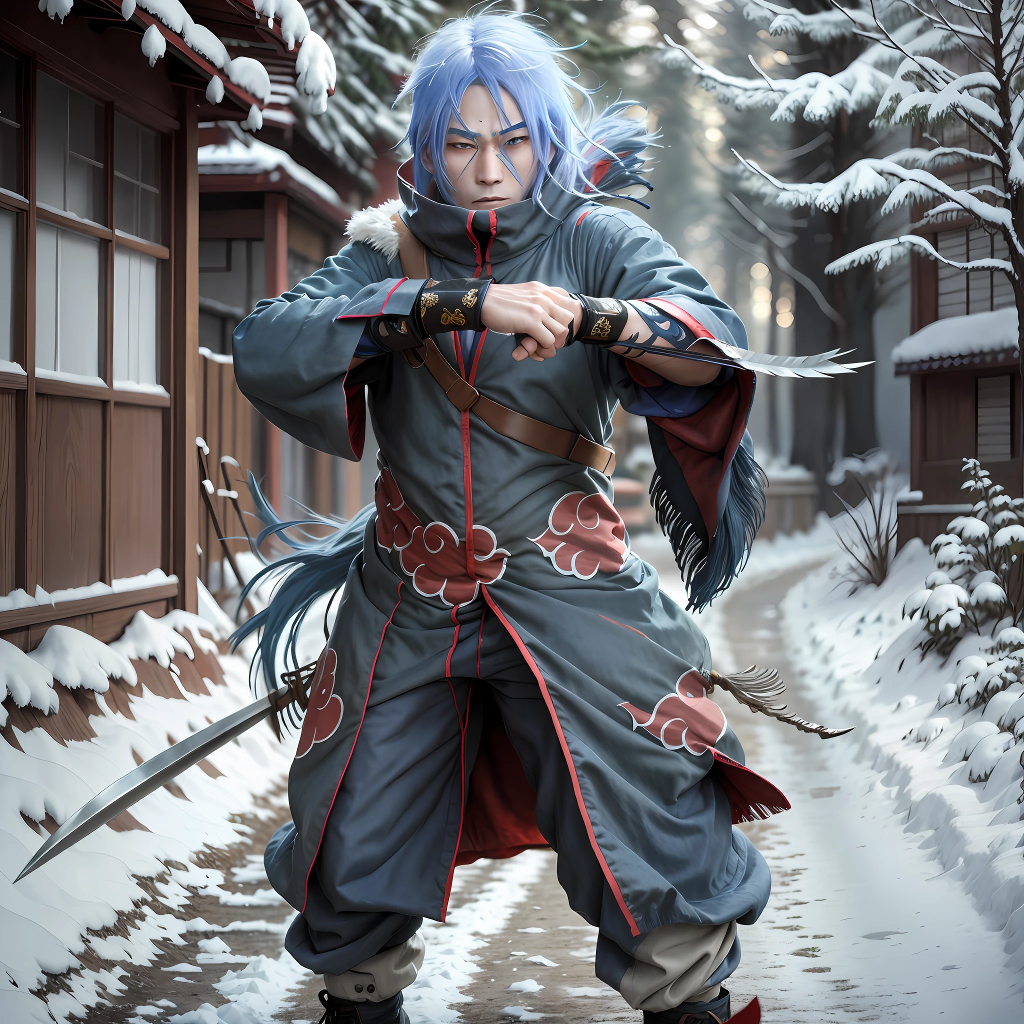 Japanese blue hair man with daggers in hands pumped in snow super realism well detailed full hd