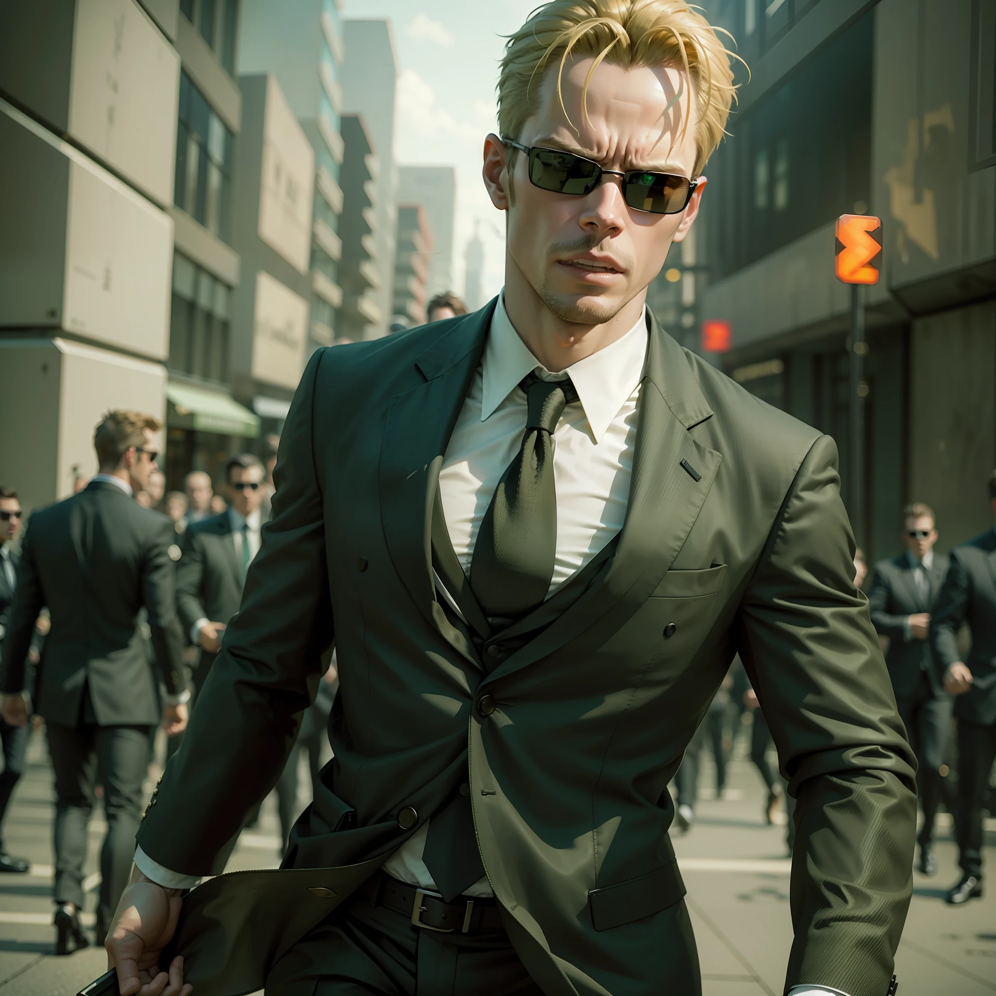 a sea of people fighting in the streets of some city inside the matrix, matrix filter, matrix lighting, green matrix atmosphere, (((riots))), thousands of people fighting, violence, (((civil war))), (((night))), evil looking blond GUY PEARCE face, blond GUY PEARCE in a suit with square sunglasses close up, blond GUY PEARCE in a suit angry, blond GUY PEARCE in a suit with squared sunglasses, square sunglasses