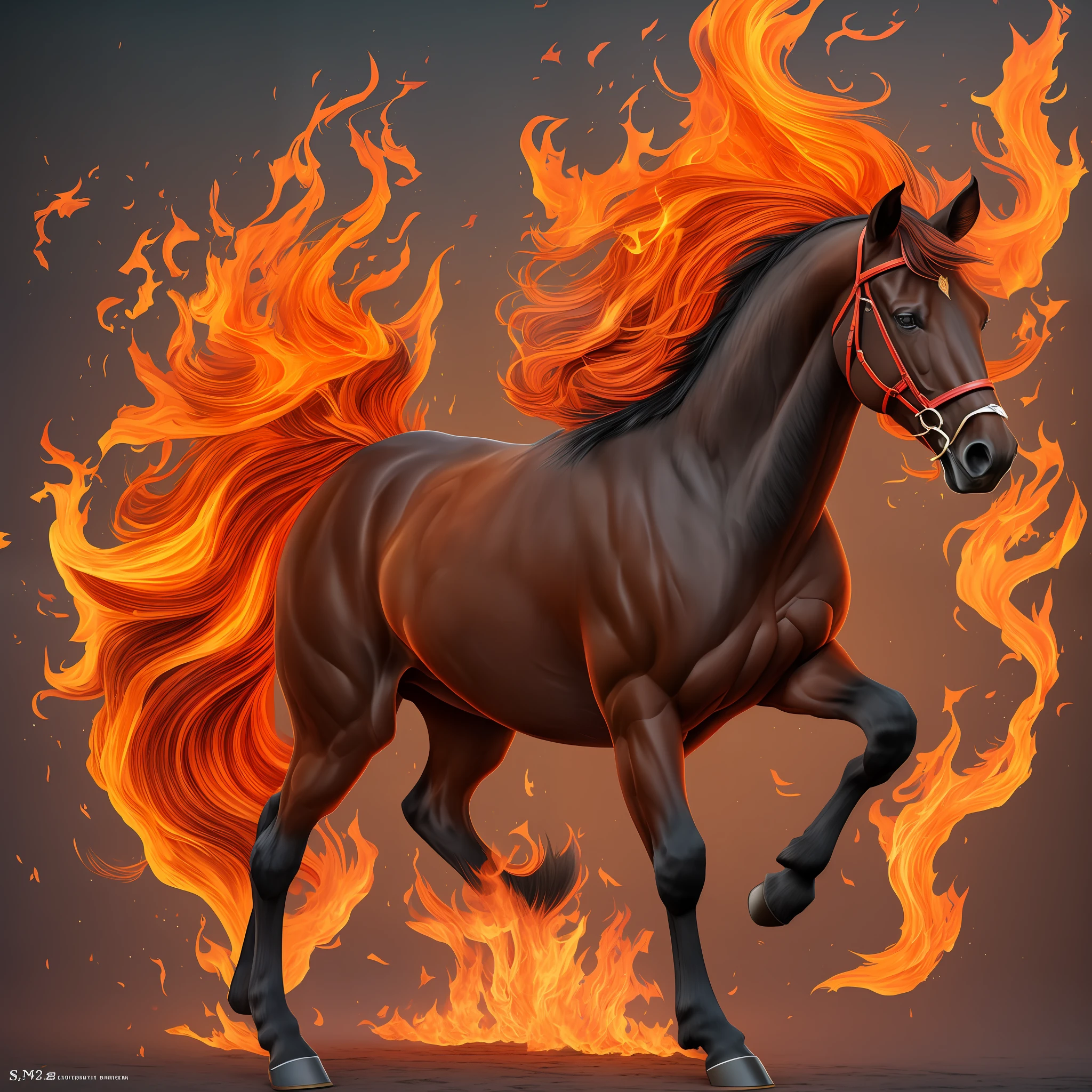 A dark horse with fire-colored mane, fire syrup, full body, dynamic pose, ultra realistic --auto --s2