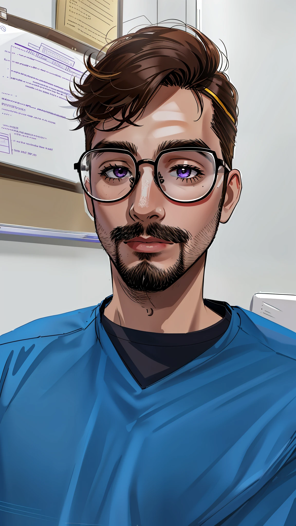 (lineart:1.31), 1boy, black-framed eyewear, dark blonde hair, BREAK purple collared shirt, facial hair, glasses, male focus, mole, realistic, red shirt, round eyewear, shirt, solo