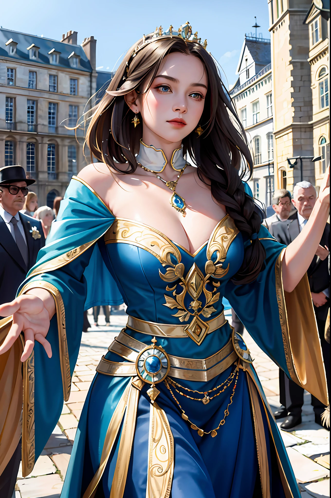 (masterpiece:1.5, best quality:1.5), (hyper realistic:1.5), (photo realistic:1.5), (real picture, intricate details), looking at viewer, (8k wallpaper:1.5) (knee to head): 1.15), (face detail: 1.5), ( Eye detail: 1.5), (sharp photo), high detail, ultra detail, ultra resolution, (strong depth of field: 1.5), (crowd: 1.3) style - fantasy, reality Positioning - Crowded streets of a town or city Background - typical 15th century English town or cityscape with buildings and people Theme - A young queen, about 20 years old, with a solemn and firm appearance View - Frontal or slightly inclined Queen's perspective, surrounded by a large crowd with some important official or bodyguard standing beside him. .Clothing - A long gown with an intricate design, made of luxurious fabric, with a tail behind her. Posture – She walks forward, holding her head high and looking straight ahead, showing confidence and decisiveness. Details - The crowd behind her can be displayed in different poses, with some bowing or saluting her, while others are cheering or waving flags. Effects - Movement can be created by showing the queen's robes and hair fluttering in the wind, as well as the crowd around her. Description - This artwork depicts a young queen marching through a large crowd of various forms in a royal procession with a determined expression on her face. A 15th-century English town or cityscape in the background adds to the artist's sense of history, while the Queen's palatial costumes and jewelry add to the elegance and grandeur of the overall scene.