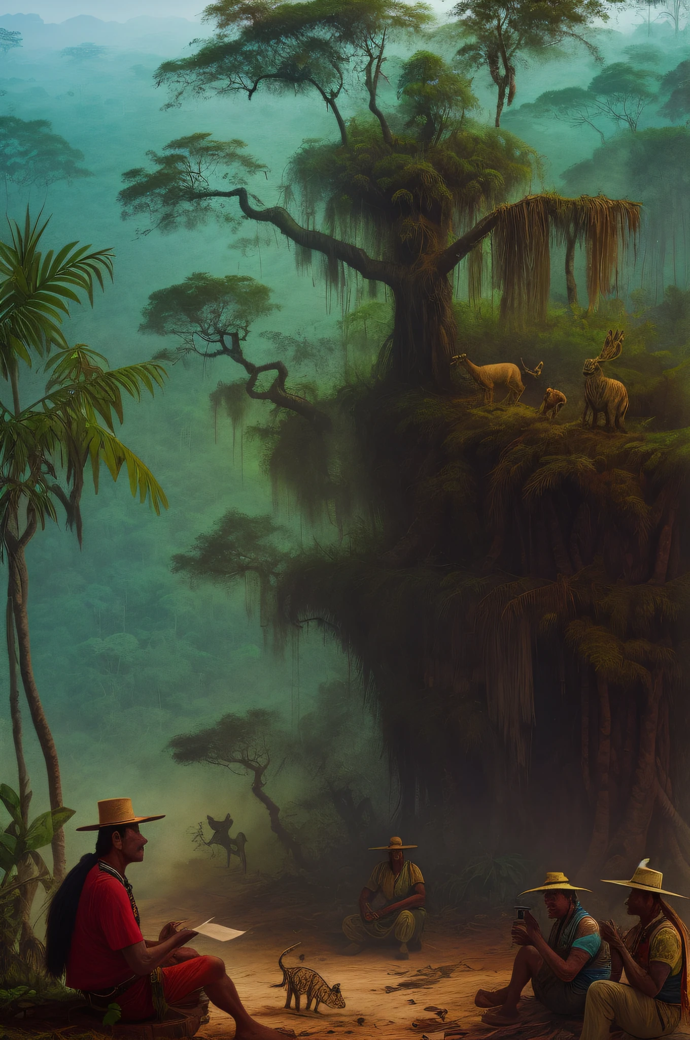 In the Amazon jungle Indians sitting to listen to the chief with some wild animals - impressionistic images