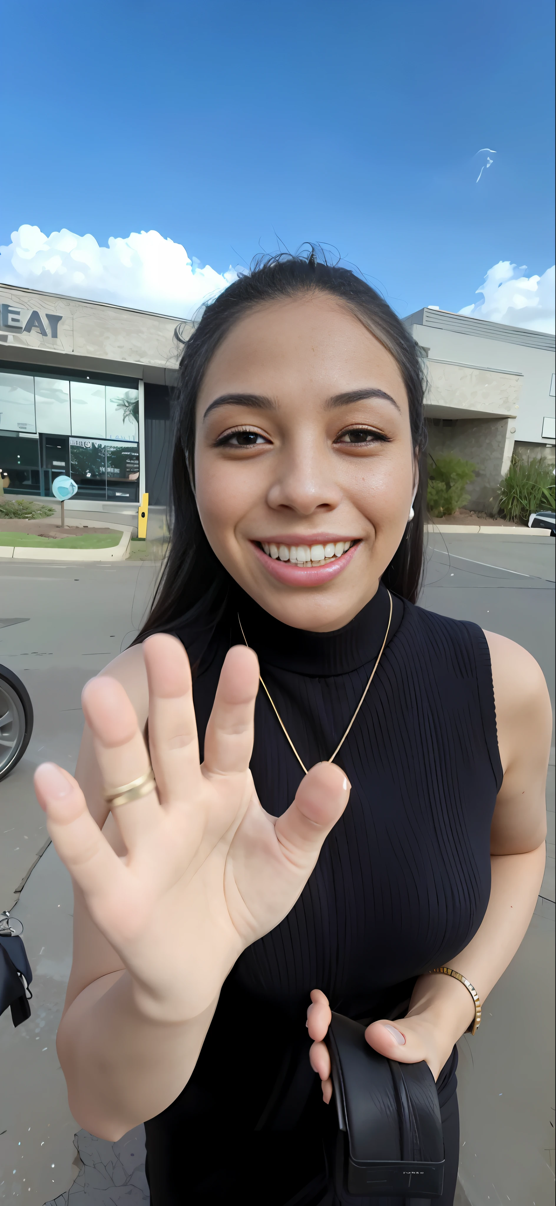 Woman in black top holding her hand in front of a building, waving to the camera, Alanis Guillen, selfie of a young woman, 30-year-old woman from Cuba, waves her hand to the camera, Karla Ortiz, Violet Myers, holding her to the camera, waving and smiling, selfie taken directly at the angle, beautiful surroundings, medium breasts with the protruding beaks