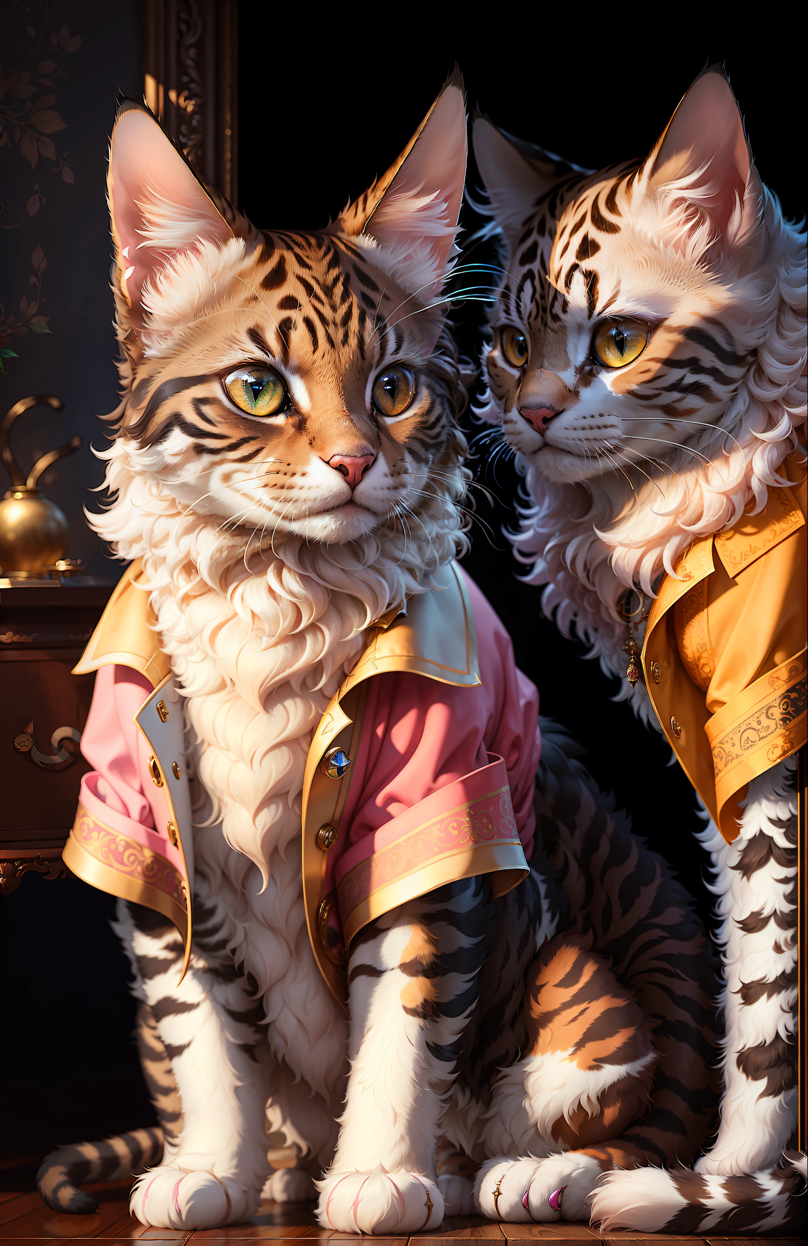 ((a cat in clothes)),, full shot, fluffy hair, anthropomorphic expressions, rich colors, exquisite details, masterpiece, realistic, artsation, cg, realistic, Unreal Engine, real light and shadow, beautiful and rich colour, amazing detail, high quality, a pair of ears
