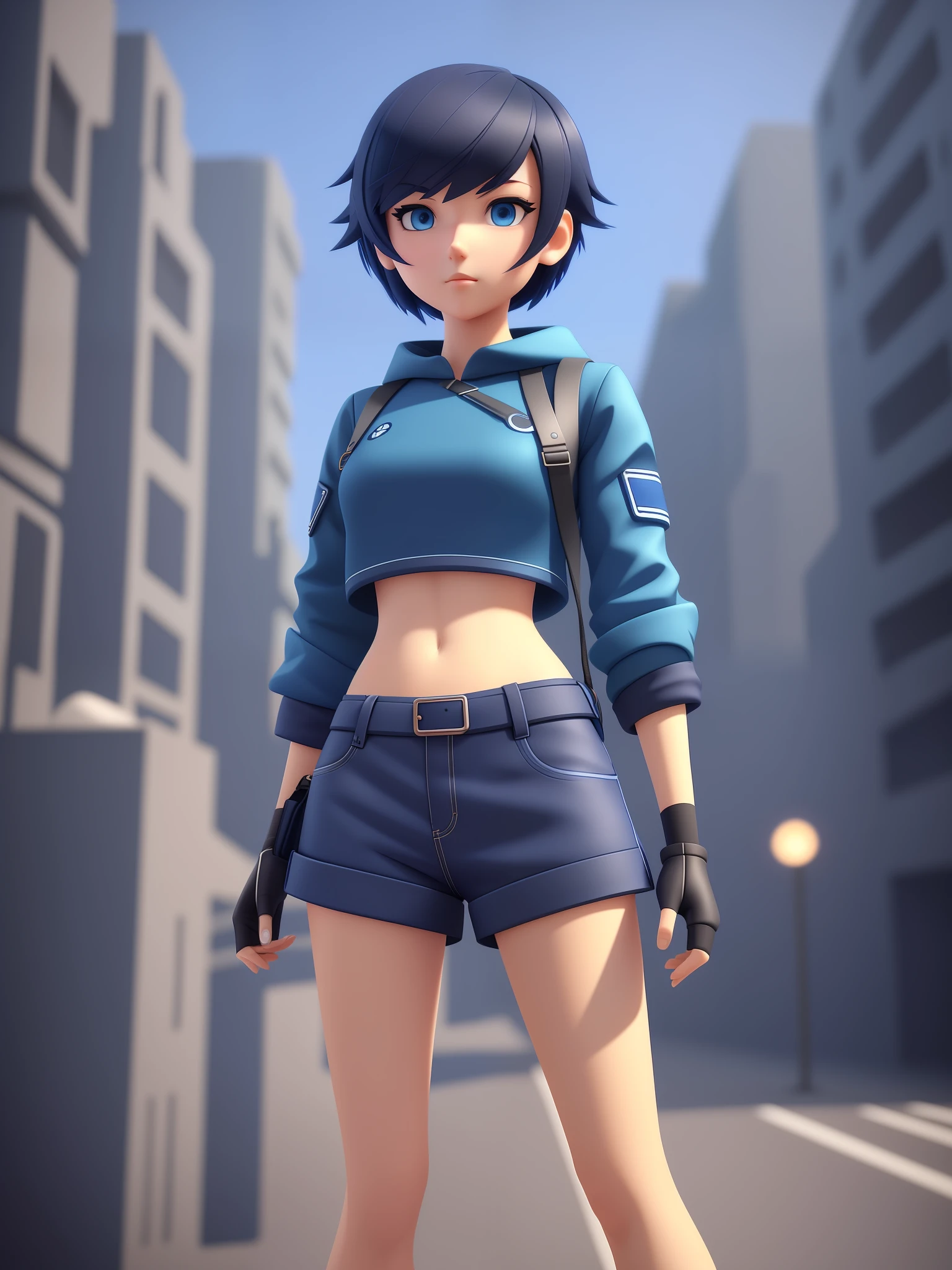 Young girl, a cartoon character light dark blue clothing, (short hair and dark blue), stylized character, animation character, stylized 3d render, 3d character, highly detailed character, stylized anime, stylized 3d, render character, character model, close up, maximum quality