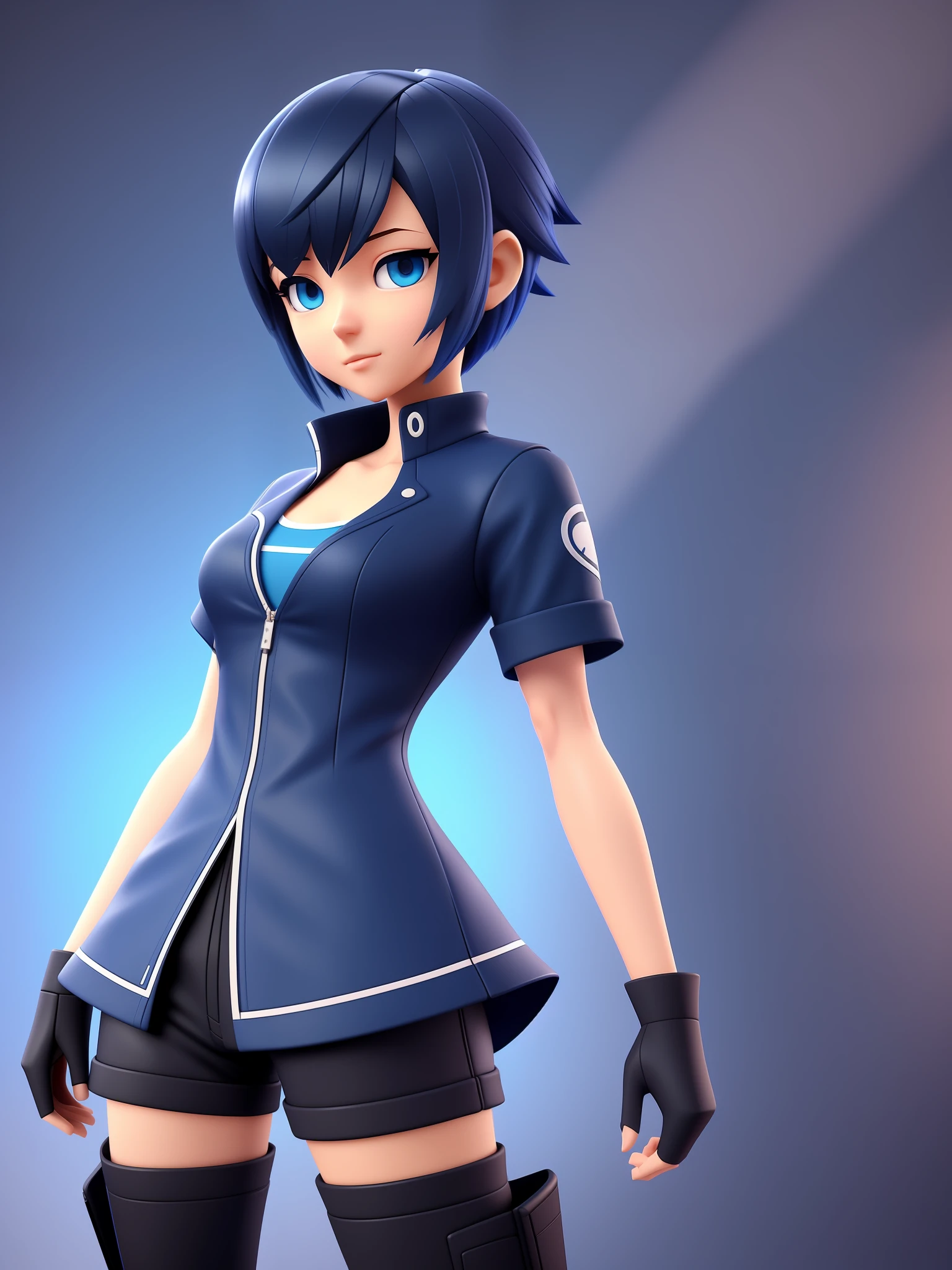 Young girl, a cartoon character light dark blue clothing, (short hair and dark blue), stylized character, animation character, stylized 3d render, 3d character, highly detailed character, stylized anime, stylized 3d, render character, character model, close up, maximum quality