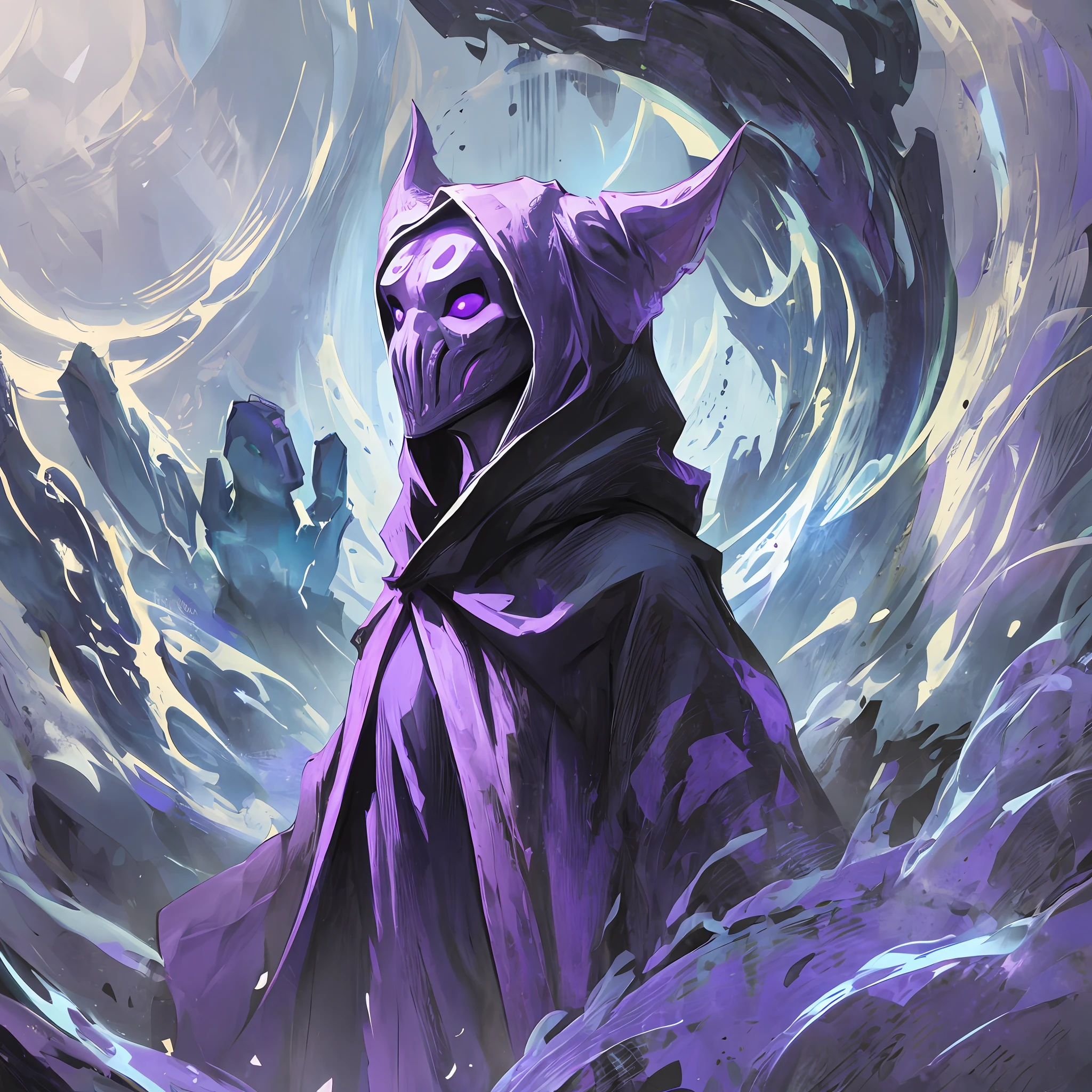 A strange ancient creature with no face wearing robes and an ancient mask with symbols etched on it as if it were made of stone looking benevolent with purple magic floating around it mysterious dark atmosphere