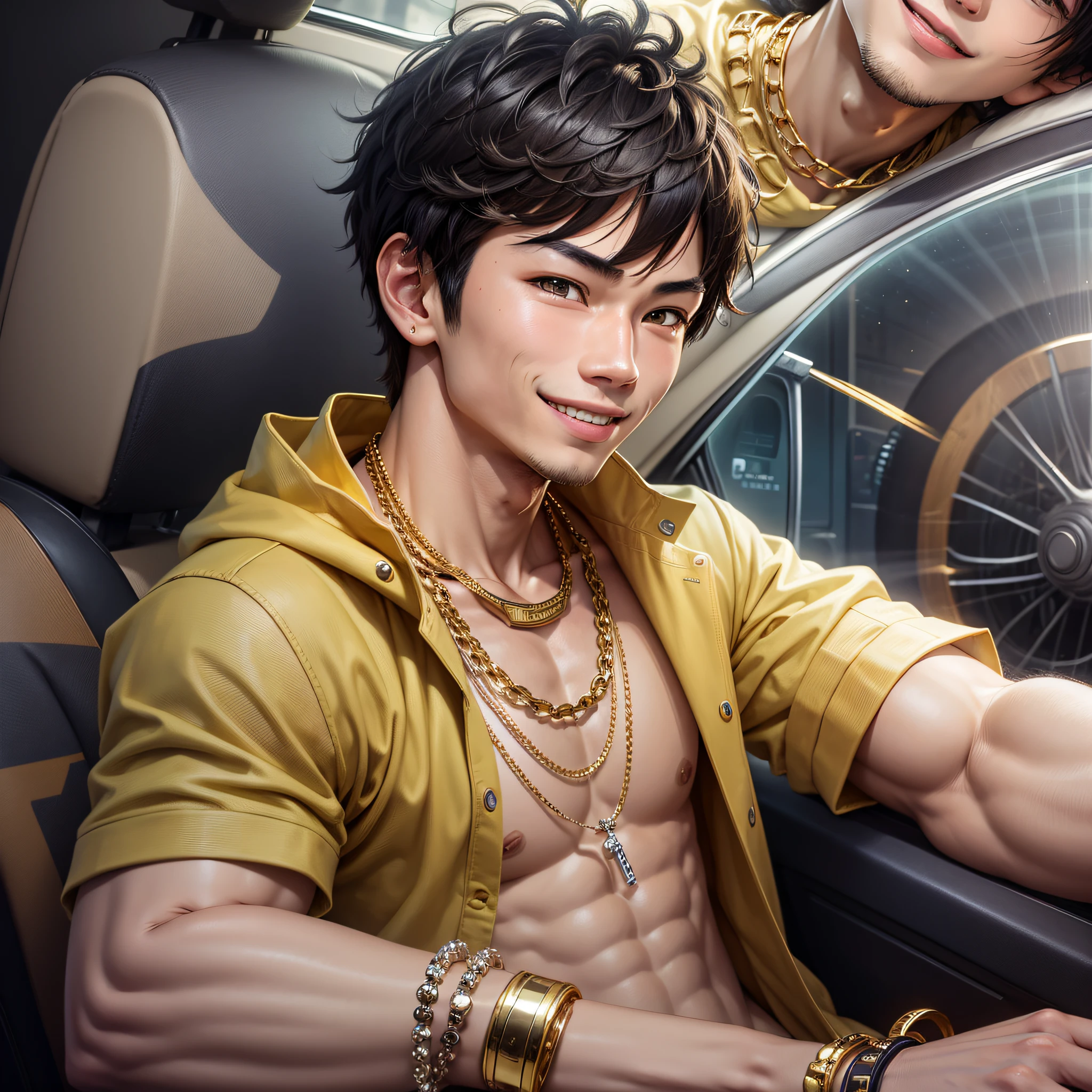 Boy with Japanese features, with silly smile, social clothes, in a car, state-soaked eyes, with a look of astonishment, muscular, with gold chain and bracelets