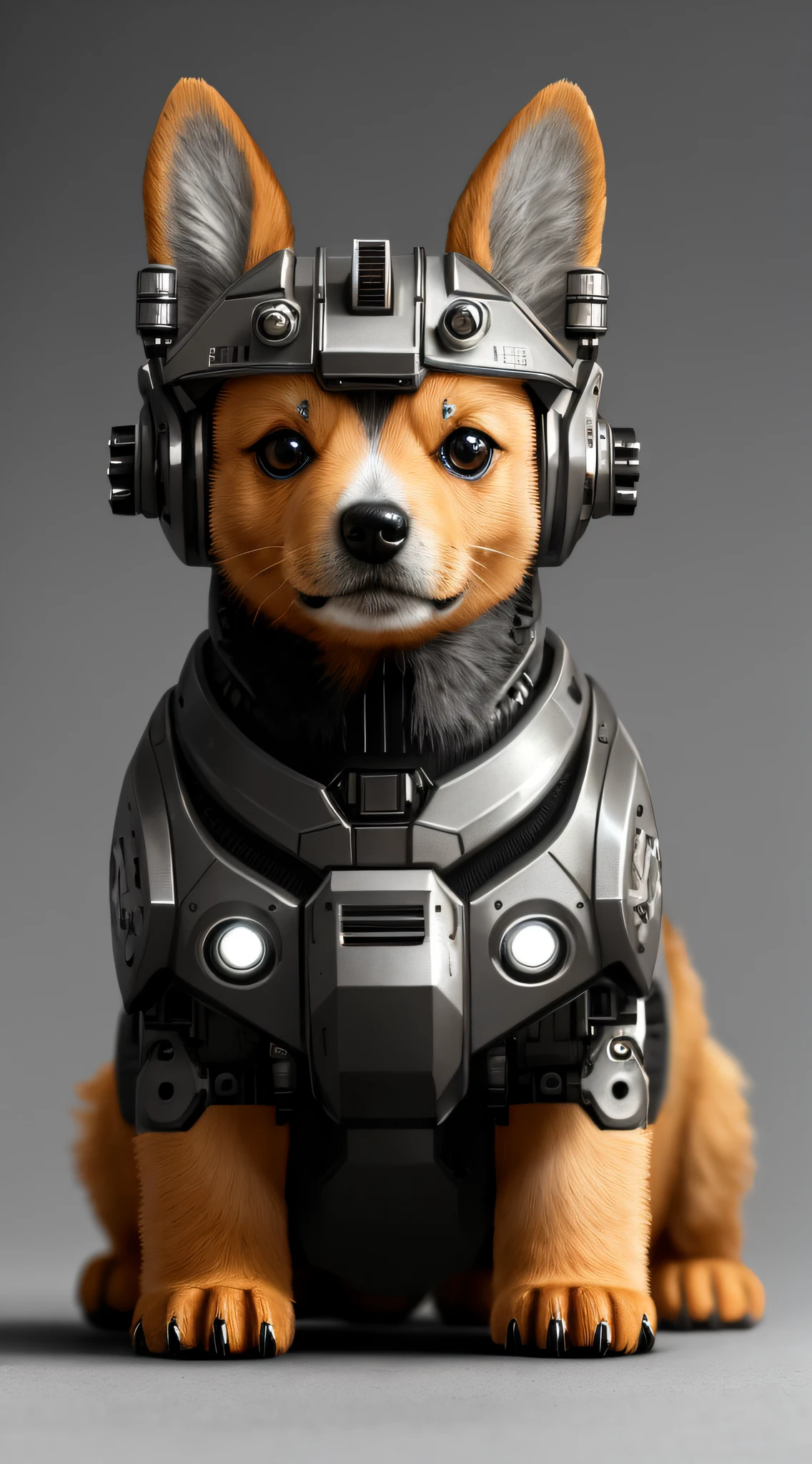 cute cybernetic corgi puppy, (cyborg:1.4), (intricate details), hdr, (intricate details, hyperdetailed:1.2), cinematic shot, centered, stark lighting, looking away from camera, hyperrealism hyperdetailed fur, real dog fur, accurate dog paws