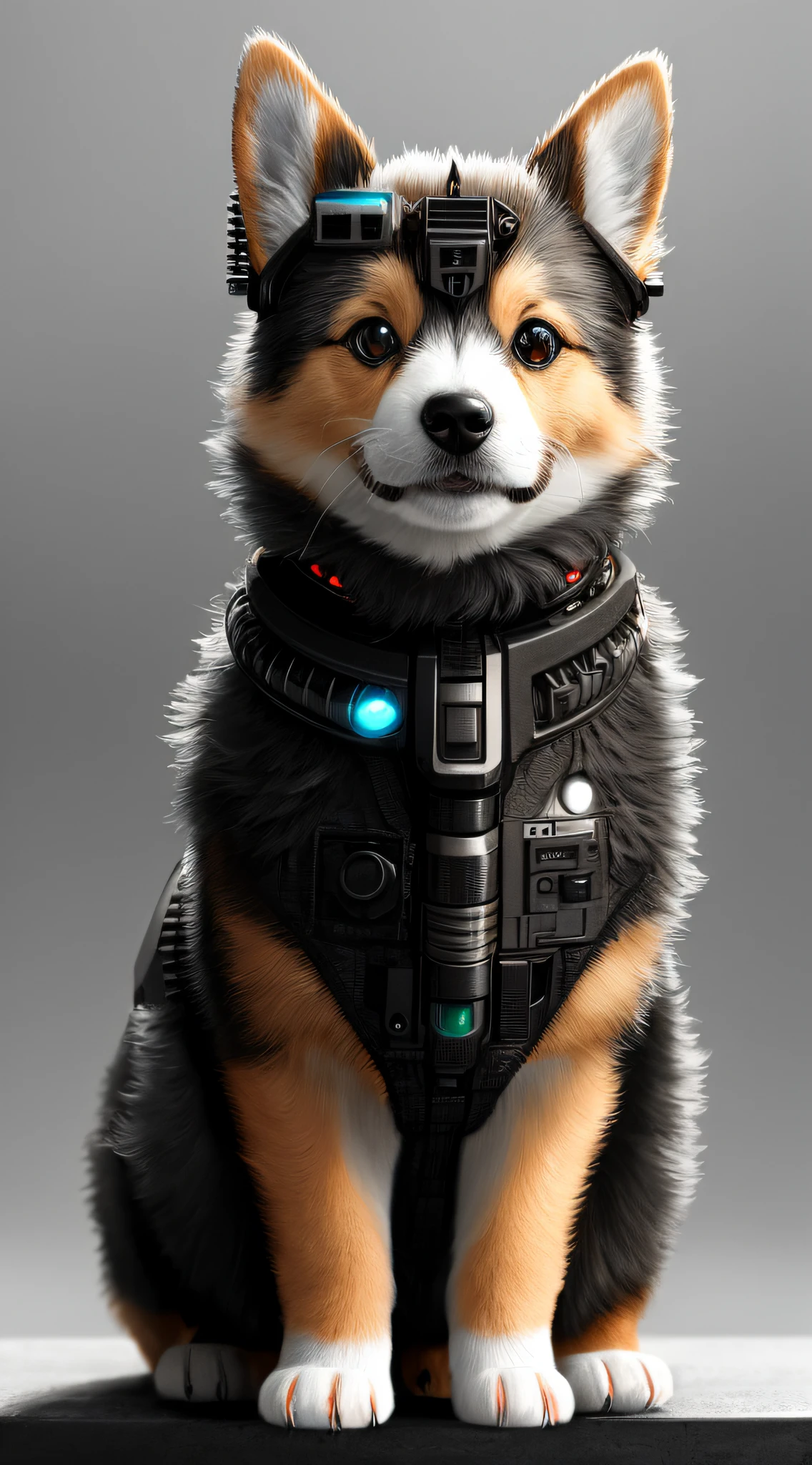 cute cybernetic corgi puppy, (cyborg:1.4), (intricate details), hdr, (intricate details, hyperdetailed:1.2), cinematic shot, centered, stark lighting, looking away from camera, hyperrealism hyperdetailed fur, real dog fur, accurate dog paws