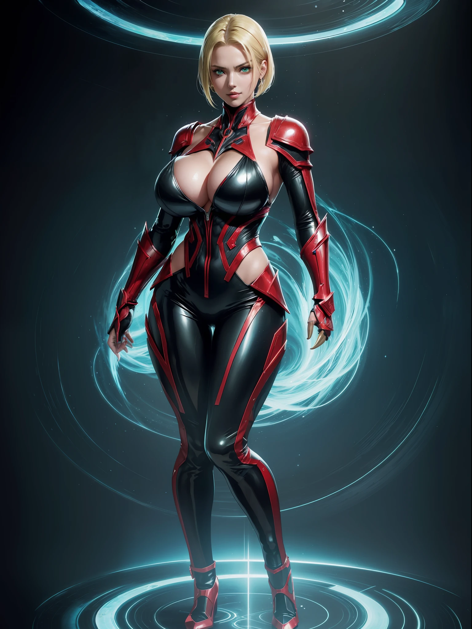 (Full body image:1.4), 1Laura/Woman (she has large breasts:1.5), is wearing silver suit with red/Ultraman/blue jewelry parts in the center of the breastplate. She is inside an alien spaceship with various machinery. She has (short/slick hair/blonde color:1.3), green eyes, looking at viewer, evil smile, (exhibitionist pose:1.0), (costume/extremely tight on body:1.5), Anime style, Mortal Kombat, 16k, highres, UHD, masterpiece, anatomically correct