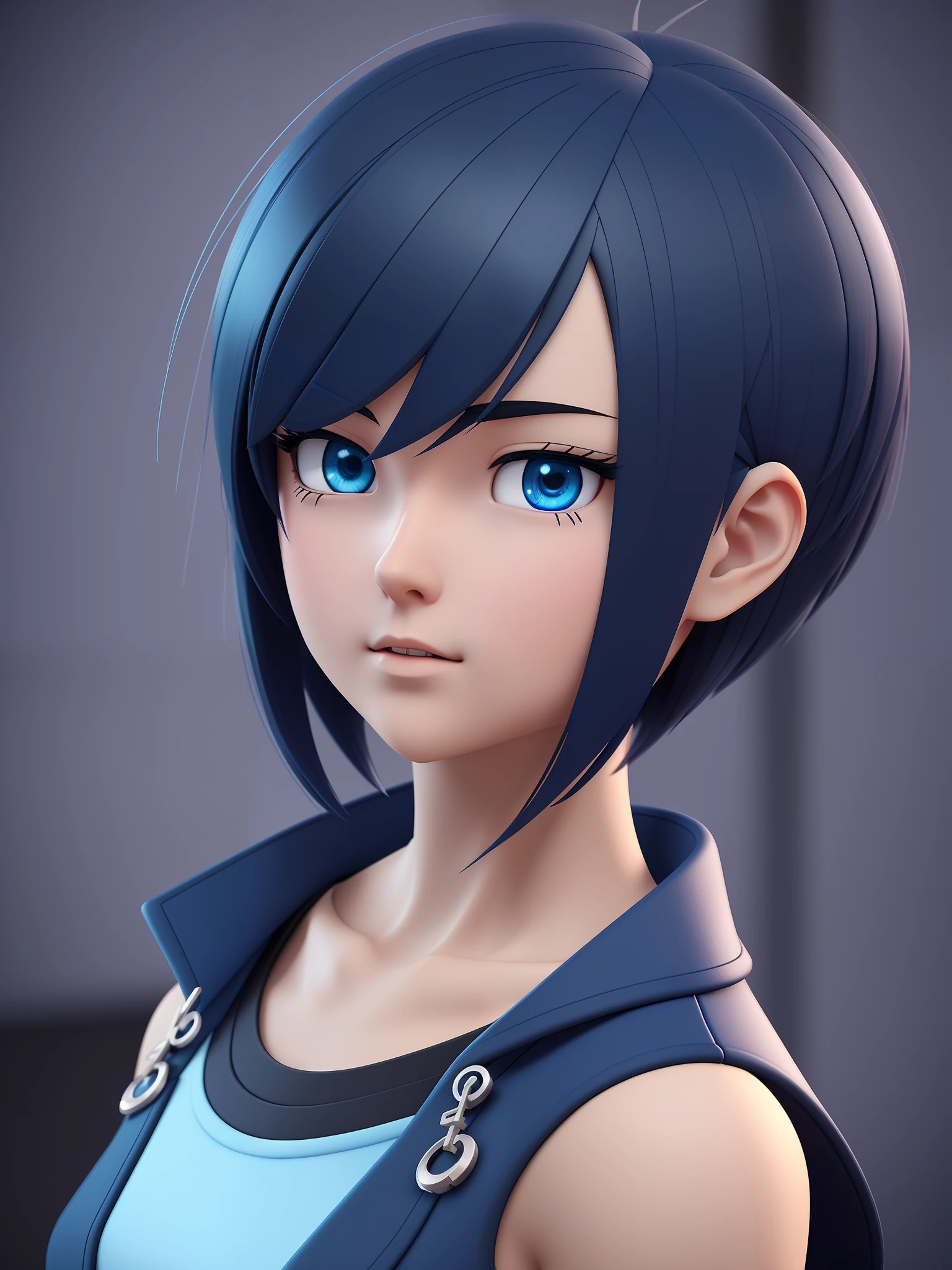Young girl, a cartoon character light dark blue clothing, (short hair and dark blue), stylized character, animation character, stylized 3d render, 3d character, highly detailed character, stylized anime, stylized 3d, render character, character model, close up, maximum quality