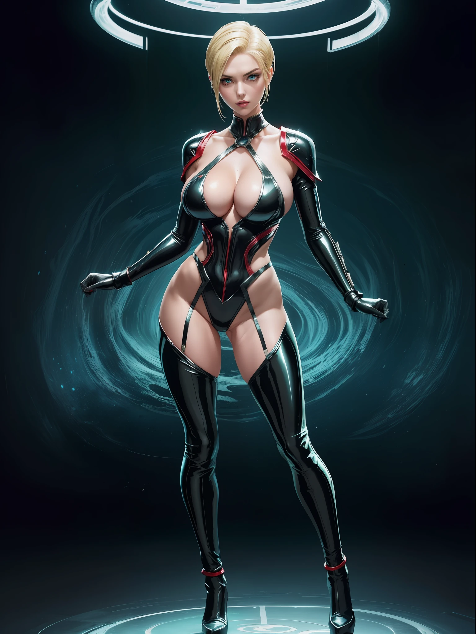 (Full body image:1.4), 1Laura/Woman (she has large breasts:1.5), is wearing silver suit with red/Ultraman/blue jewelry parts in the center of the breastplate. She is inside an alien spaceship with various machinery. She has (short/slick hair/blonde color:1.3), green eyes, looking at viewer, evil smile, (exhibitionist pose:1.0), (costume/extremely tight on body:1.5), Anime style, Mortal Kombat, 16k, highres, UHD, masterpiece, anatomically correct