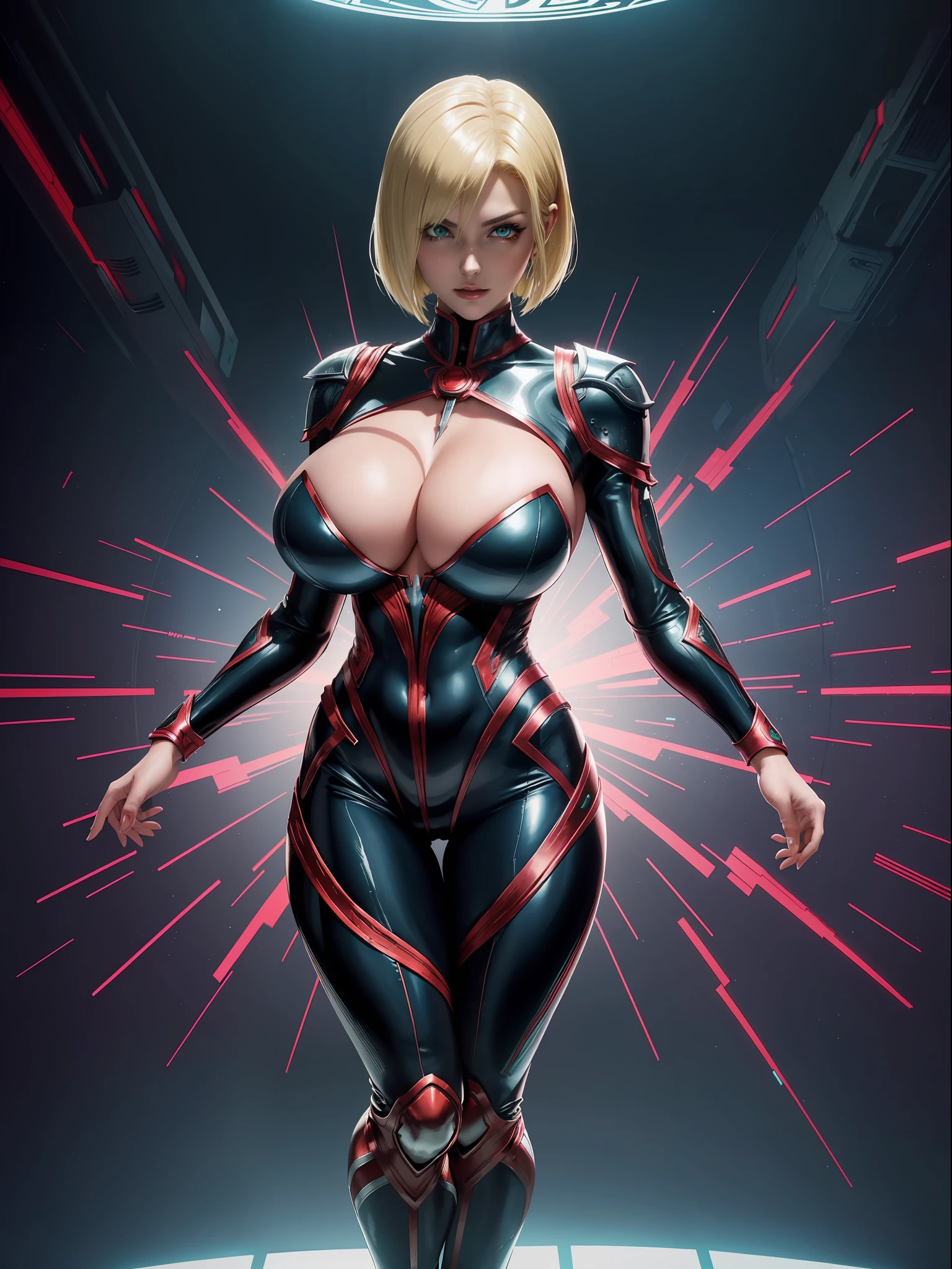 (Full body image:1.4), 1Laura/Woman (she has large breasts:1.5), is wearing silver suit with red/Ultraman/blue jewelry parts in the center of the breastplate. She is inside an alien spaceship with various machinery. She has (short/slick hair/blonde color:1.3), green eyes, looking at viewer, evil smile, (exhibitionist pose:1.0), (costume/extremely tight on body:1.5), Anime style, Mortal Kombat, 16k, highres, UHD, masterpiece, anatomically correct