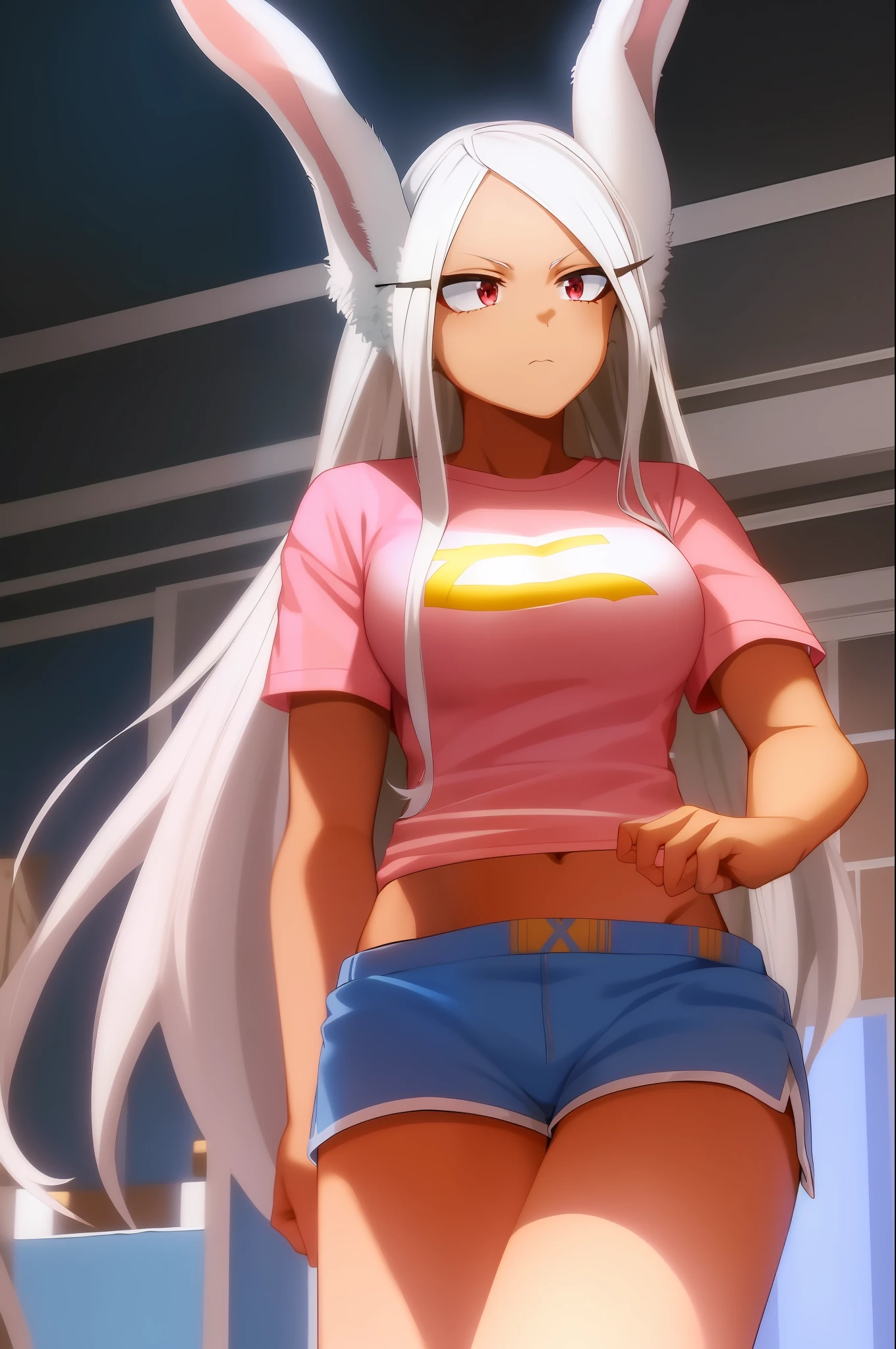 scan, (extremely detailed CG unity 8k wallpaper:1.1), highres, ambient light, (1girl), mirkomha, boku no hero academia, rabbit ears, ((dark skin:1.5)), red eyes, (white hair, long hair), large breasts, (pink tshirt), (blue shorts)