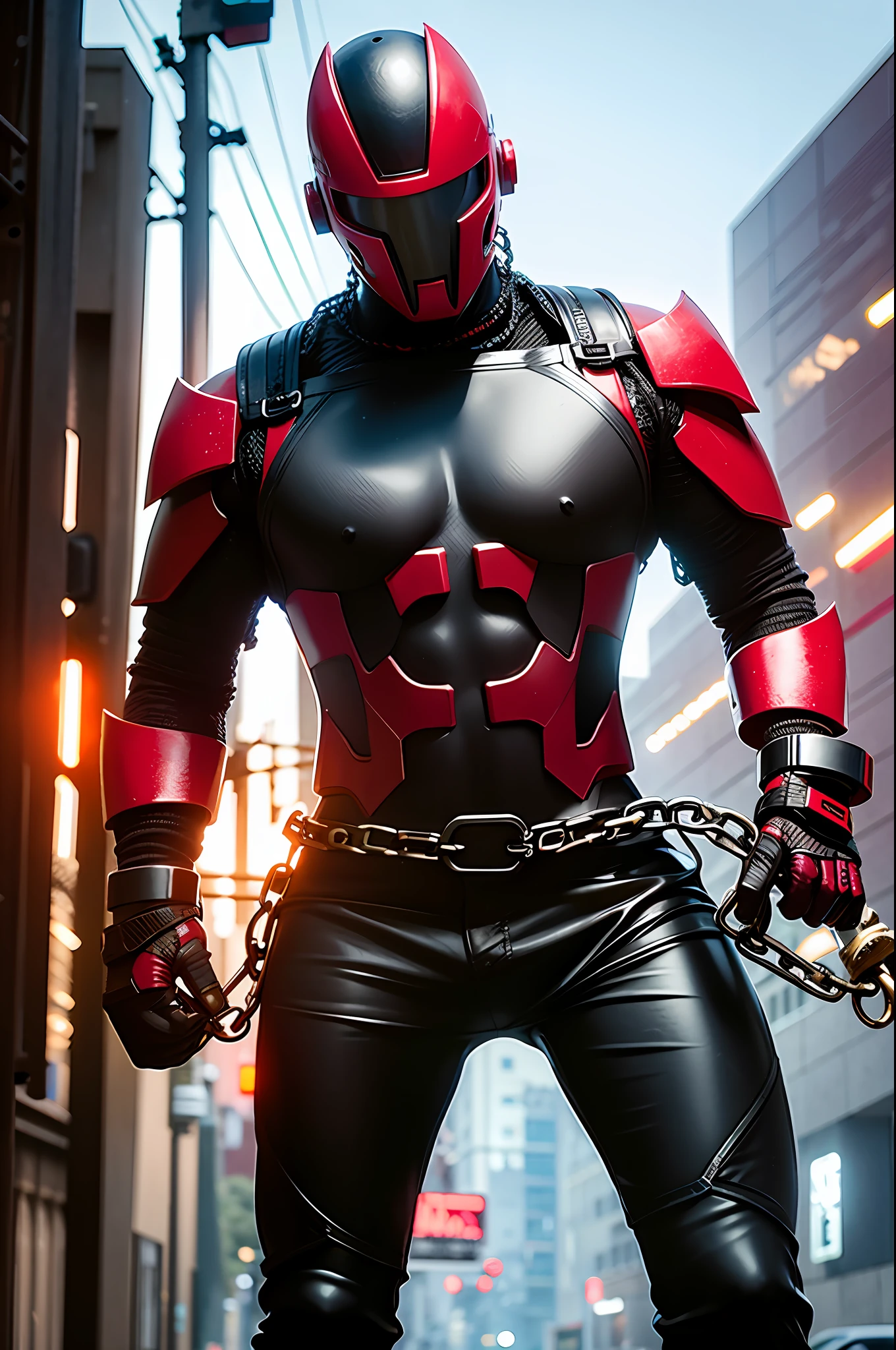 Dark_Fantasy, cyberpunk, (chain saw, chain saw man, red: 1.1), 1man, mechanical wonder, robotic presence, cybernetic guardian,