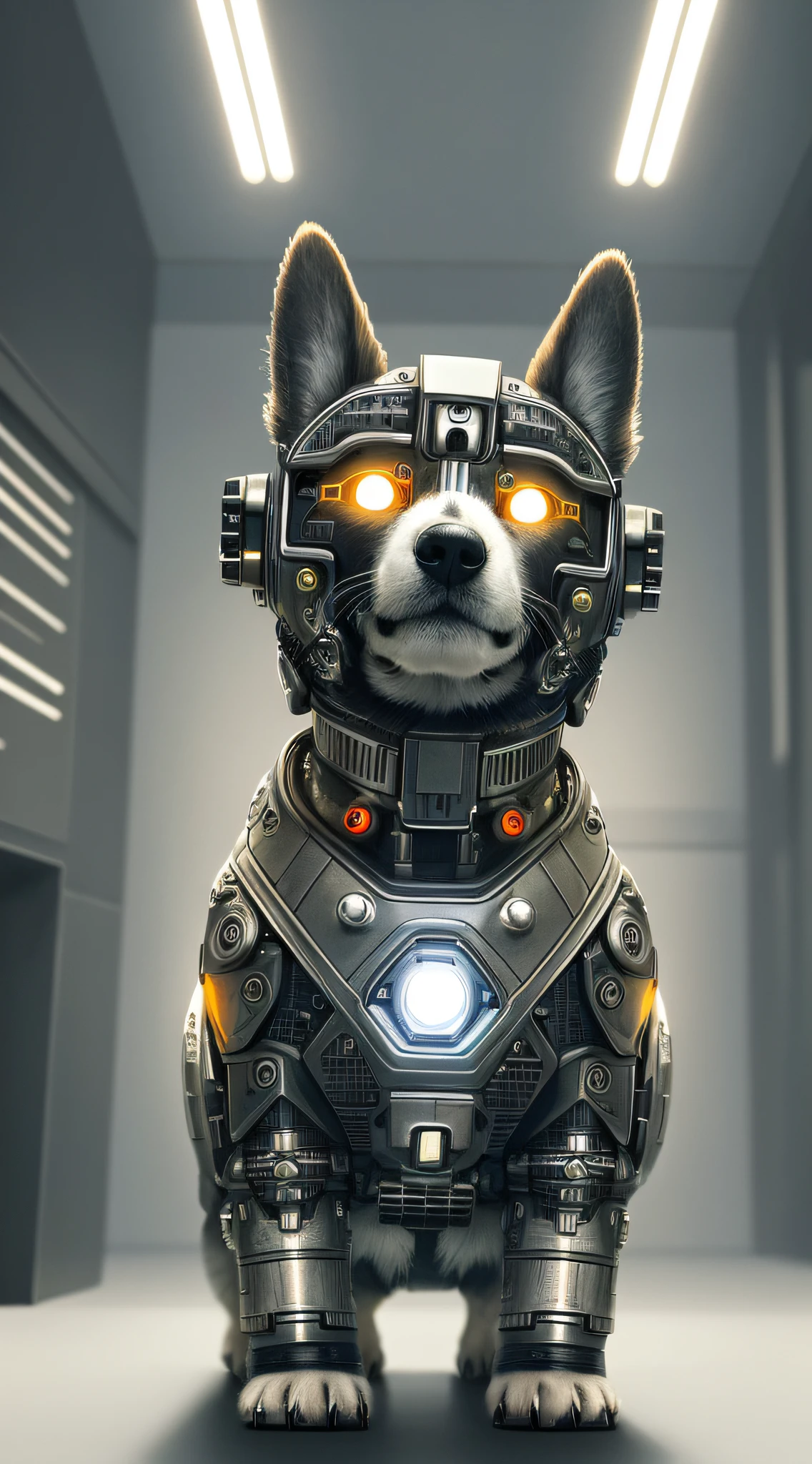 cute cybernetic corgi puppy, (cyborg:1.4), (intricate details), hdr, (intricate details, hyperdetailed:1.2), cinematic shot, centered, stark lighting, looking away from camera, hyperrealism hyperdetailed fur, real dog fur, accurate dog paws