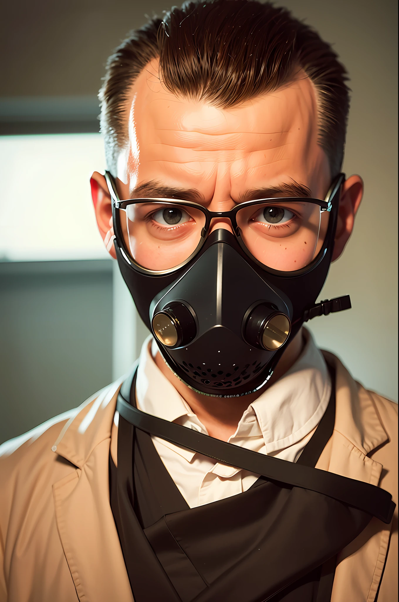 A striking and intricate color photo of the upper body of a man wearing glasses, (wearing a lab coat and a gas mask on his head), bald,
epic composition of characters,
By Ilya Kuvshinov, Alessio Albi, Nina Masic,
sharp focus, natural lighting, subsurface scattering, f2, 35mm, film grain
