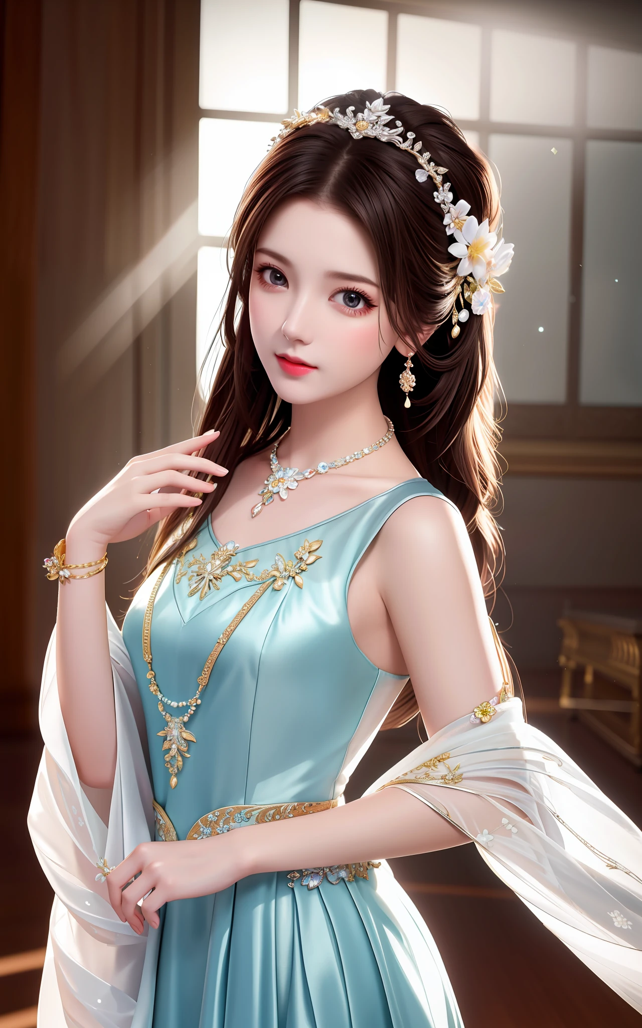 Best Quality, Masterpiece, High Resolution, 1girl, Porcelain Dress, Hair Accessories, Necklace, Jewelry, Beautiful Face, Physically, Tyndall Effect, Realistic, Dark Studio, Rim Lighting, Duotone Lighting, (High Detail Skin : 1.2), 8k uhd, DSLR, soft light, high quality, volume light, sneak shot, photo, high resolution, 4k, 8k, bokeh, .Jinstyle, architecture